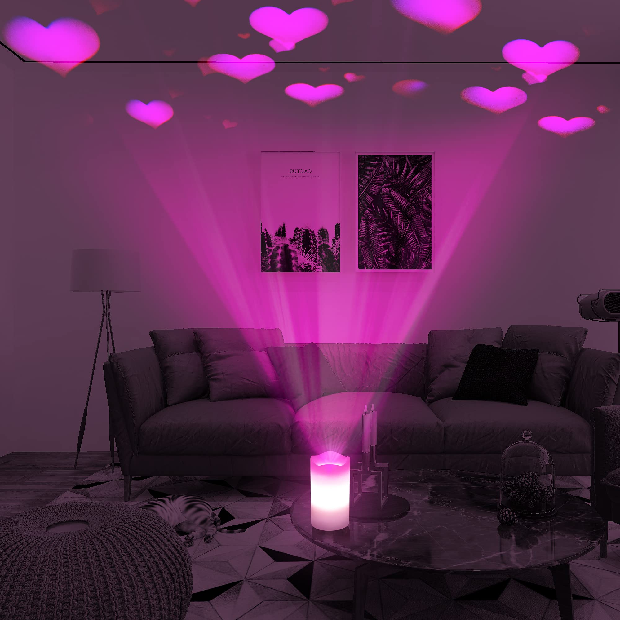 XingsLight Flameless Candles Valentine Romantic Pink Heart Projector Lights Battery Operated Night Light with Remote and Timer, LED Candle Home Decorations