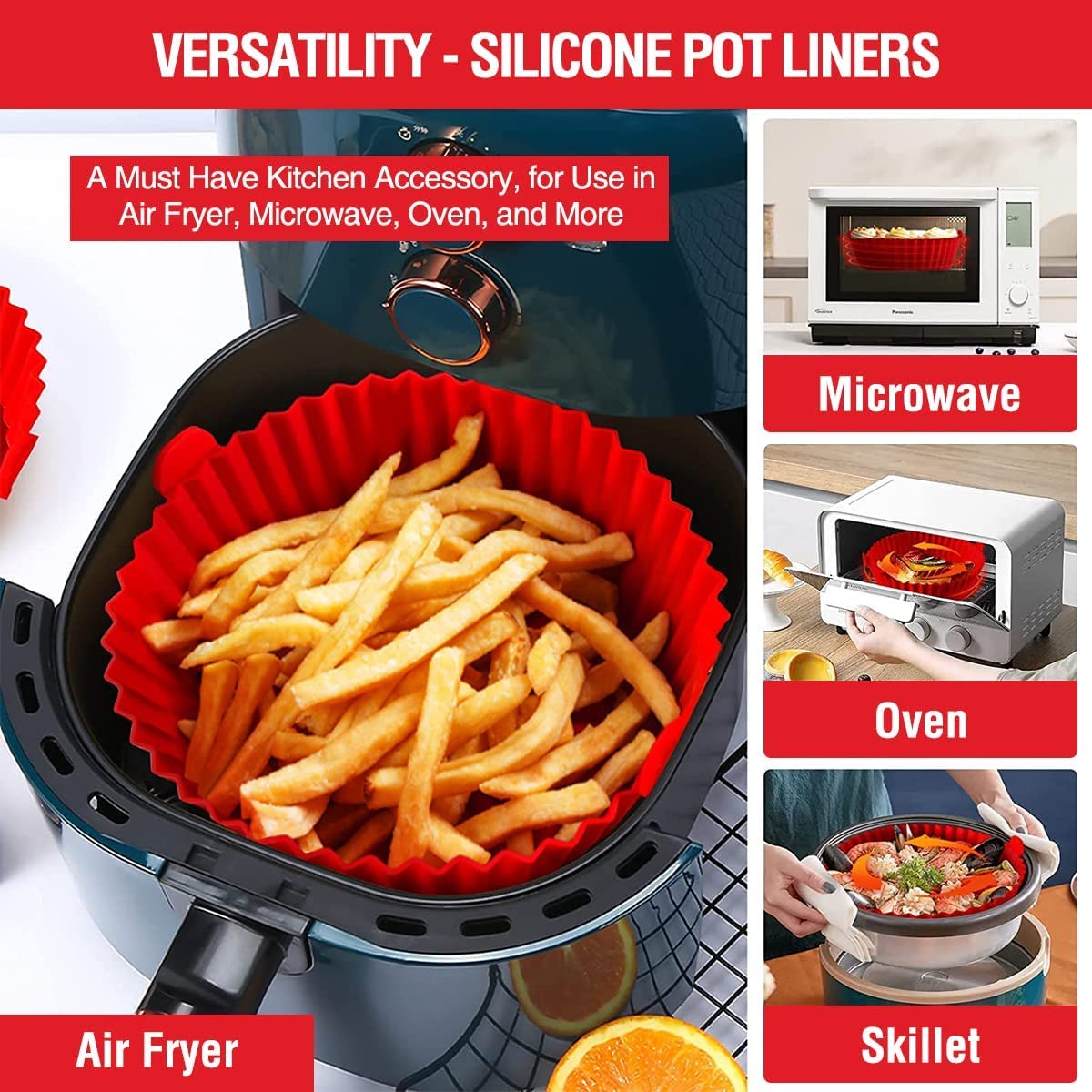 2 Pack Air Fryer Silicone Liners Pot for 3 to 5 QT, Basket Bowl, Replacement of Flammable Parchment Paper, Reusable Baking Tray Oven Accessories, Red+Blue, (Top 8in, Bottom 6.75in)