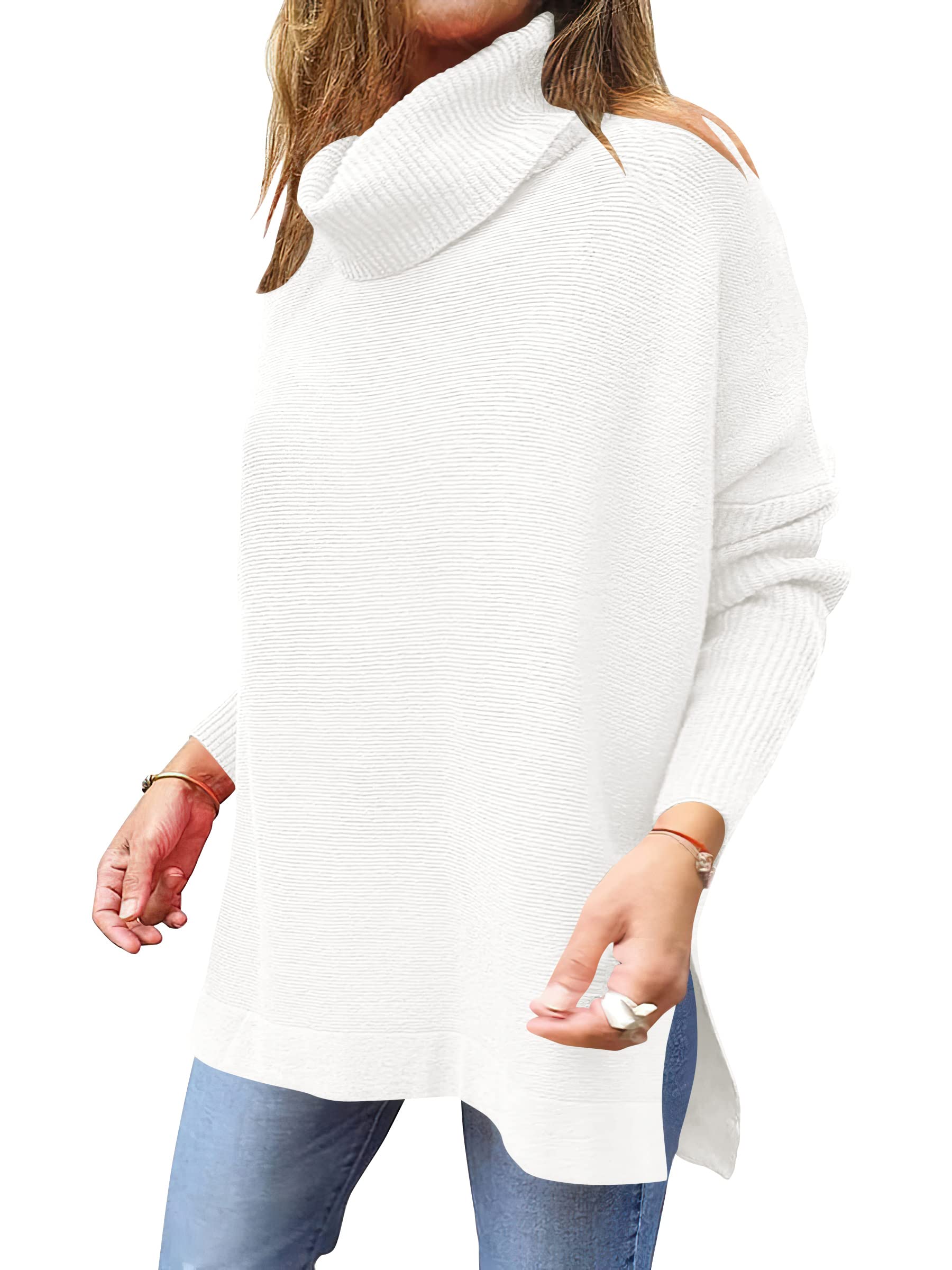 ANRABESS Women's Oversized Turtleneck Batwing Sleeve Spilt Casual Loose Knit Tunic Pullover Sweater Tops 2024 Fall Outfits White Medium