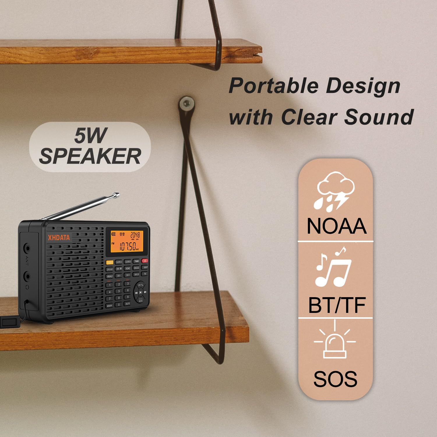 XHDATA D109WB Portable Radio AM/FM/SW/LW/WB Weather Radio Shortwave Radio Receiver with NOAA Alert, Battery Operated Great Sound Wireless BT Mp3 Speaker, SOS Alert Alarm Clock Sleep Function