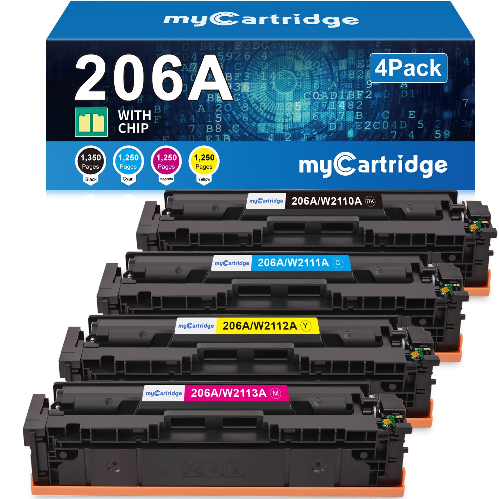 206A Toner Cartridges 4 Pack (with Chip) Compatible Replacement for HP 206A 206X for Color Laserjet Pro MFP M283fdw M283cdw M283fdn M282nw Pro M255dw M255nw M283 M255 Printer W2110A W2110X High Yield