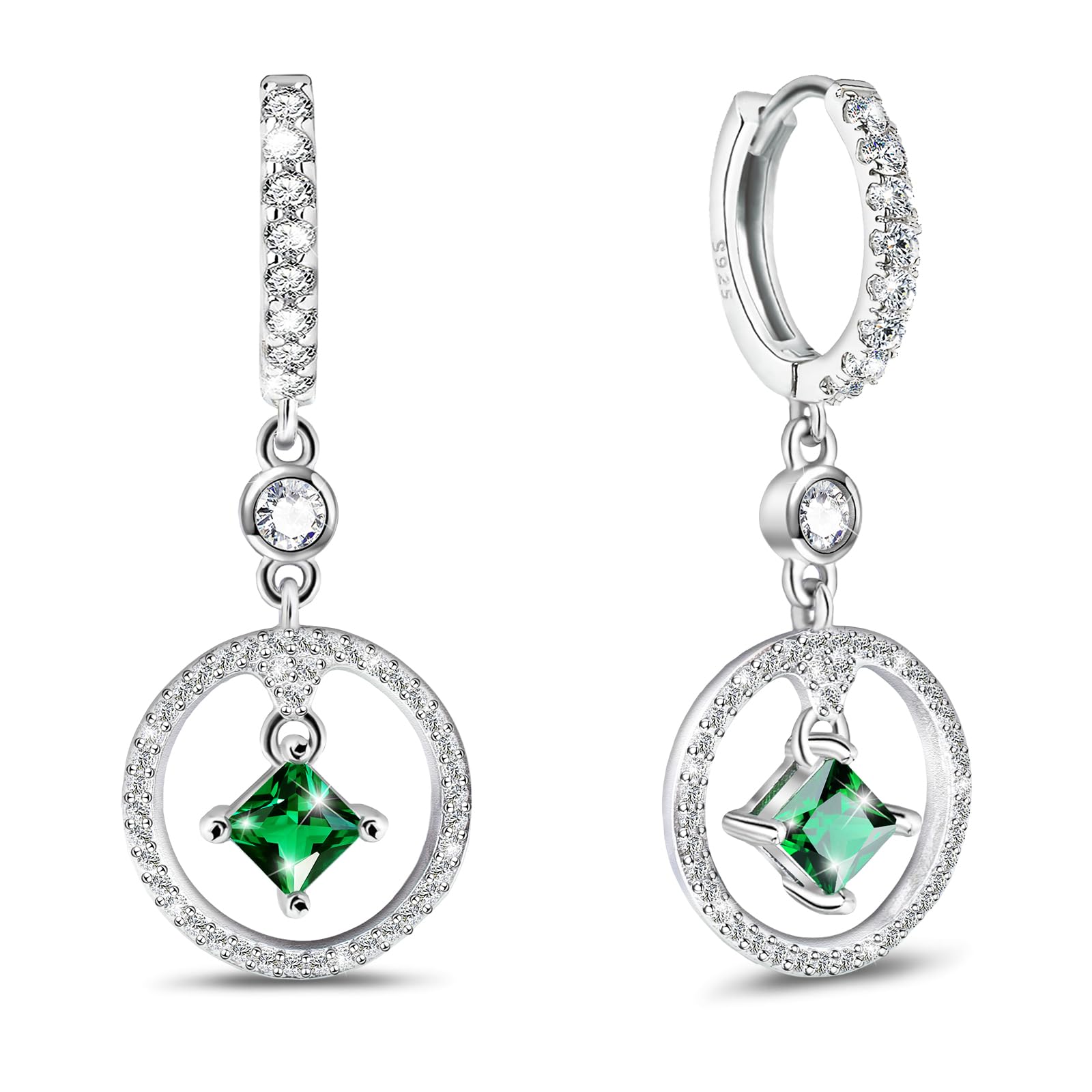 Silver Earrings for Women Trendy - Sterling Silver Hypoallergenic Drop Dangle Earrings Green Cubic Zirconia Dangling Earrings for Sensitive Ears Classic Fashion Earrings Gifts for Christmas Birthday