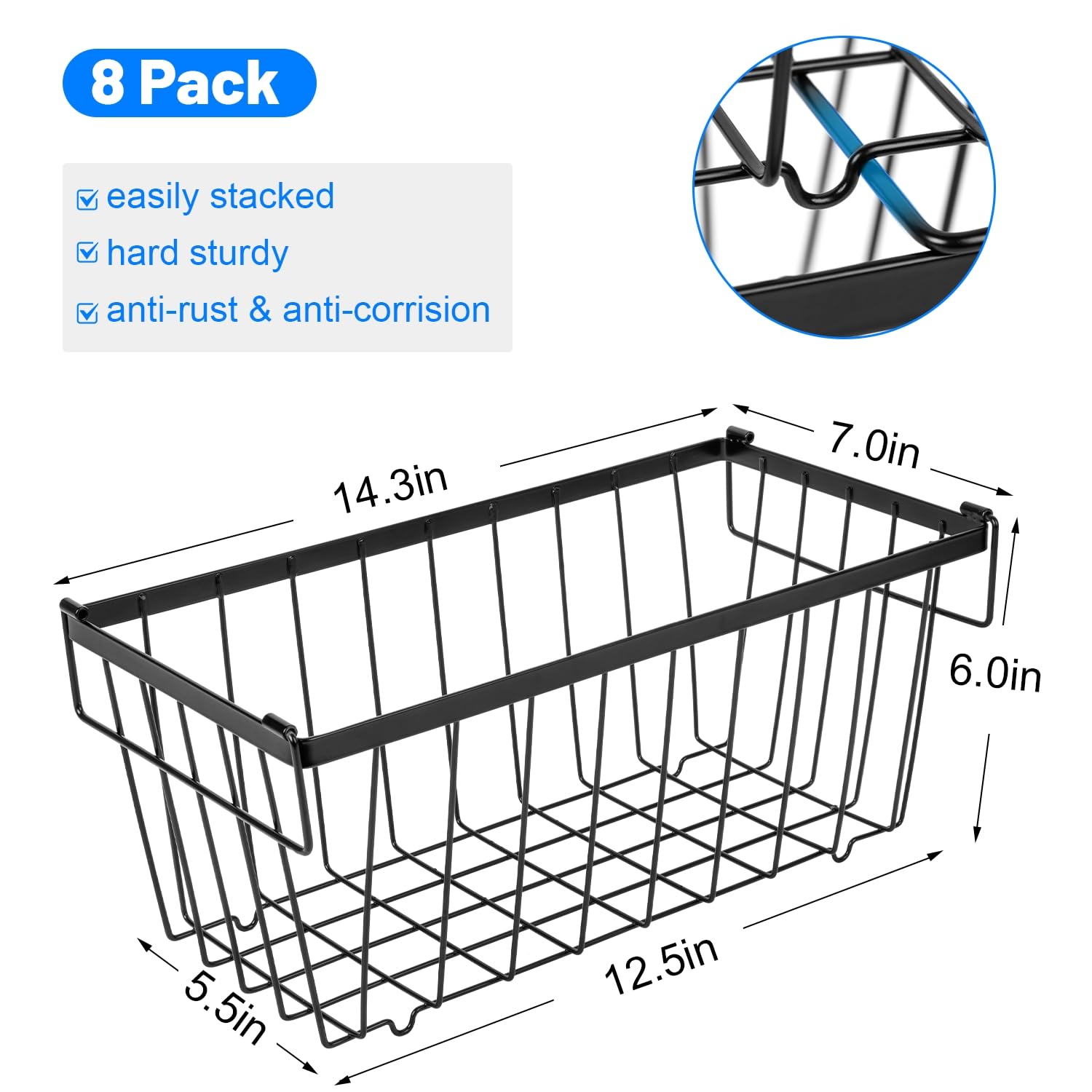 Wetheny Freezer Organizer Bins With Side Handle -8 Pack Stackable Chest Freezer Organizer for 7 Cu.FT - Deep Freezer Sort Frozen Food Wire Metal Basket Storage Bins Rack (Black)