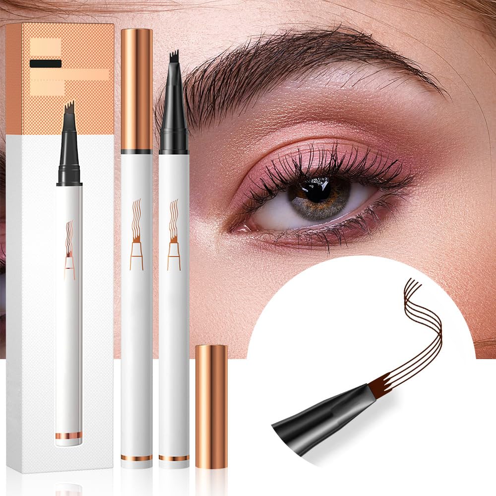 Microblading Eyebrow Pencil 2PCS, 2025 New 3D Waterproof Eyebrow Microblading Pen 4 Fork Tip, Magic Eyebrow Pencil Makeup Long-Lasting Eyebrow Pencil with Micro Fork Tip (Dark Brown)