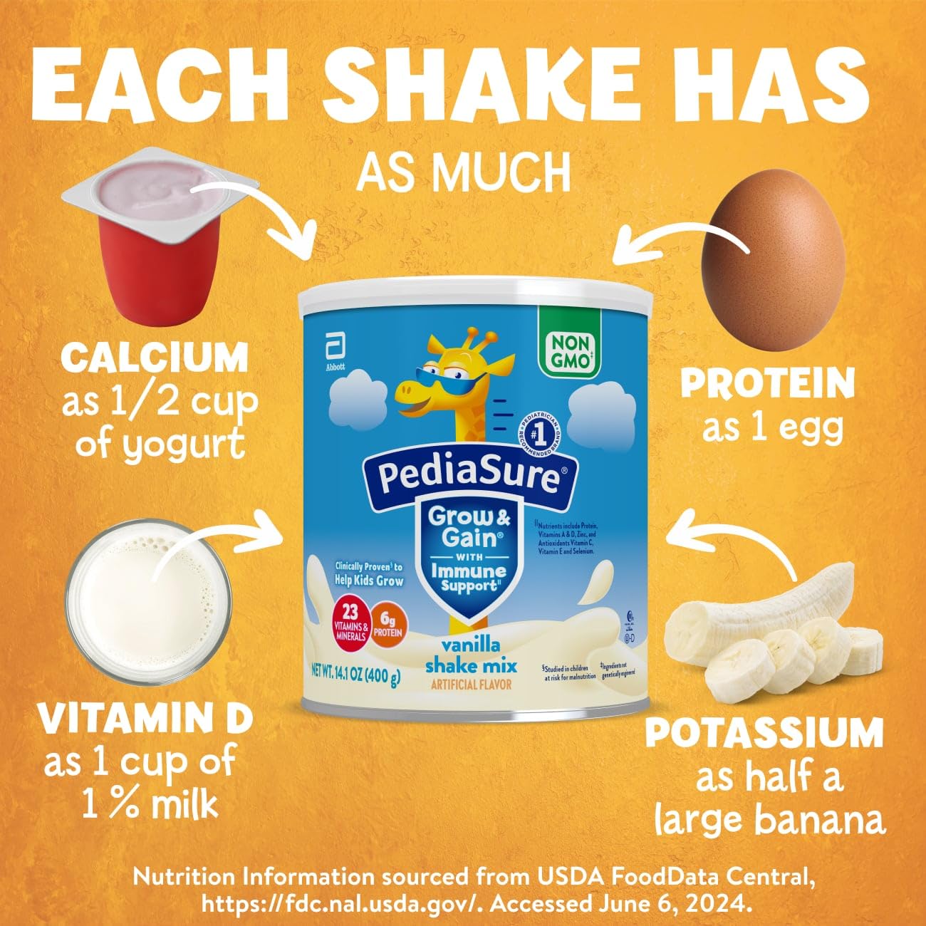 PediaSure Grow & Gain With Immune Support Shake Mix Powder, Kids Protein Shake, Vanilla, 14.1 oz Can, Pack of 3—24 Servings