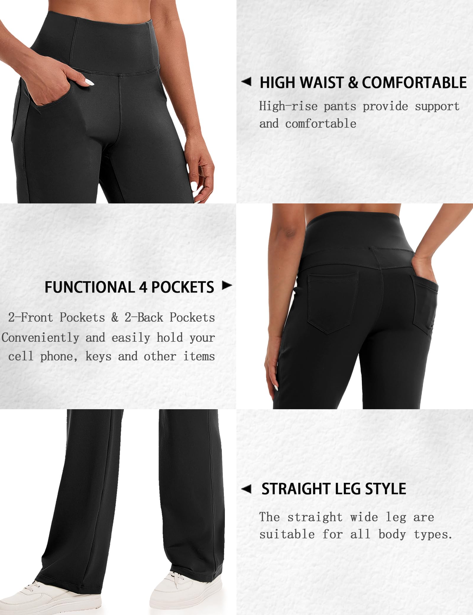 VOOVEEYA Yoga Pants Women with Pockets, Straight Wide Leg Pants High Waisted Work Dress Pants Petite/Regular/Tall (Black-L)
