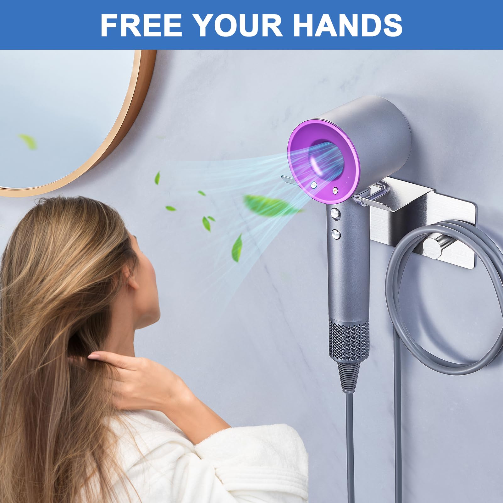 Hair Dryer Holder Wall Mounted, Blow Dryer Holder Adhesive, Stainless Steel Hairdryer Holder for Bathroom, Hair Tool Organizer with Plug&Cord for Cabinet Bathroom Bedroom Barber Shops