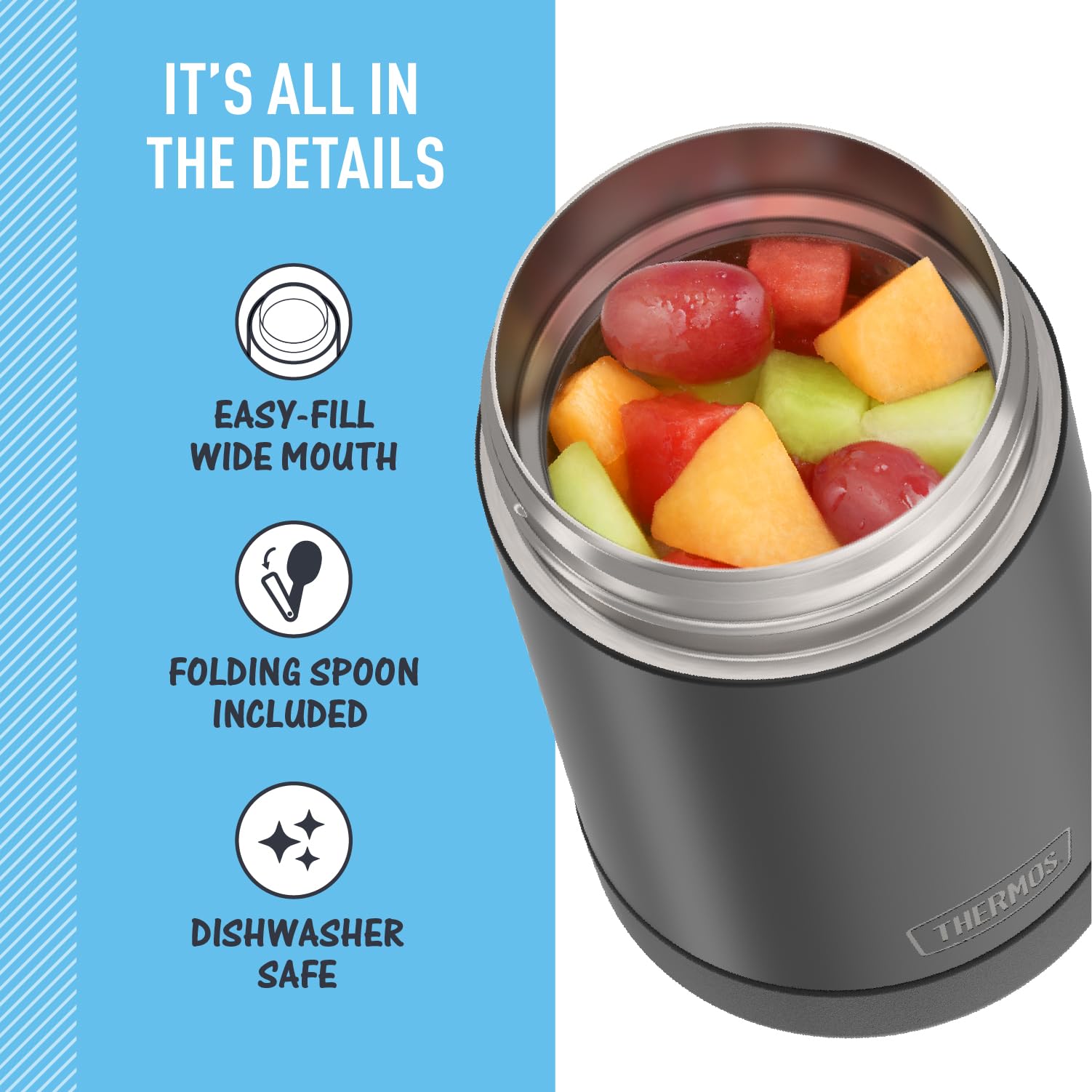 THERMOS FUNTAINER Insulated Food Jar – 16 Ounce, Matte Charcoal – Kid Friendly Thermos Food Jar with Foldable Spoon