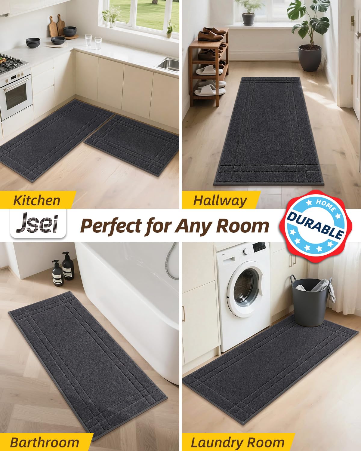 JSEI Kitchen Mats for Floor, Non-Slip Kitchen Rugs, Soft Washable Absorbent Kitchen Mats 2 PCS, Kitchen Runner Rug with TPR Backing, Polyester, 24"x36"+24"x60", Dark Grey