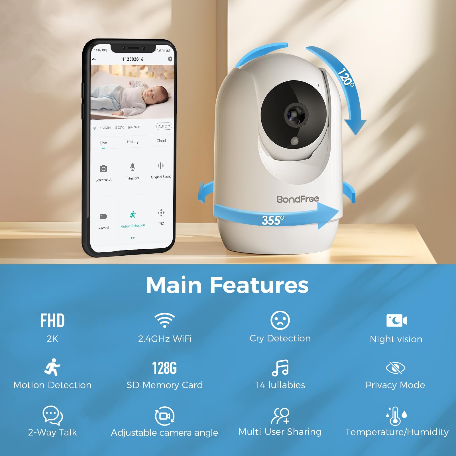 BondFree Baby Monitor with Camera and Audio, 2K Smart Baby Monitor with App, Temperature& Humidity, 2-Way Talk, 3MP Night Vision, 14 Lullabies,Cry & Motion Detection, 4X Zoom-5Ghz WiFi Baby Monitor