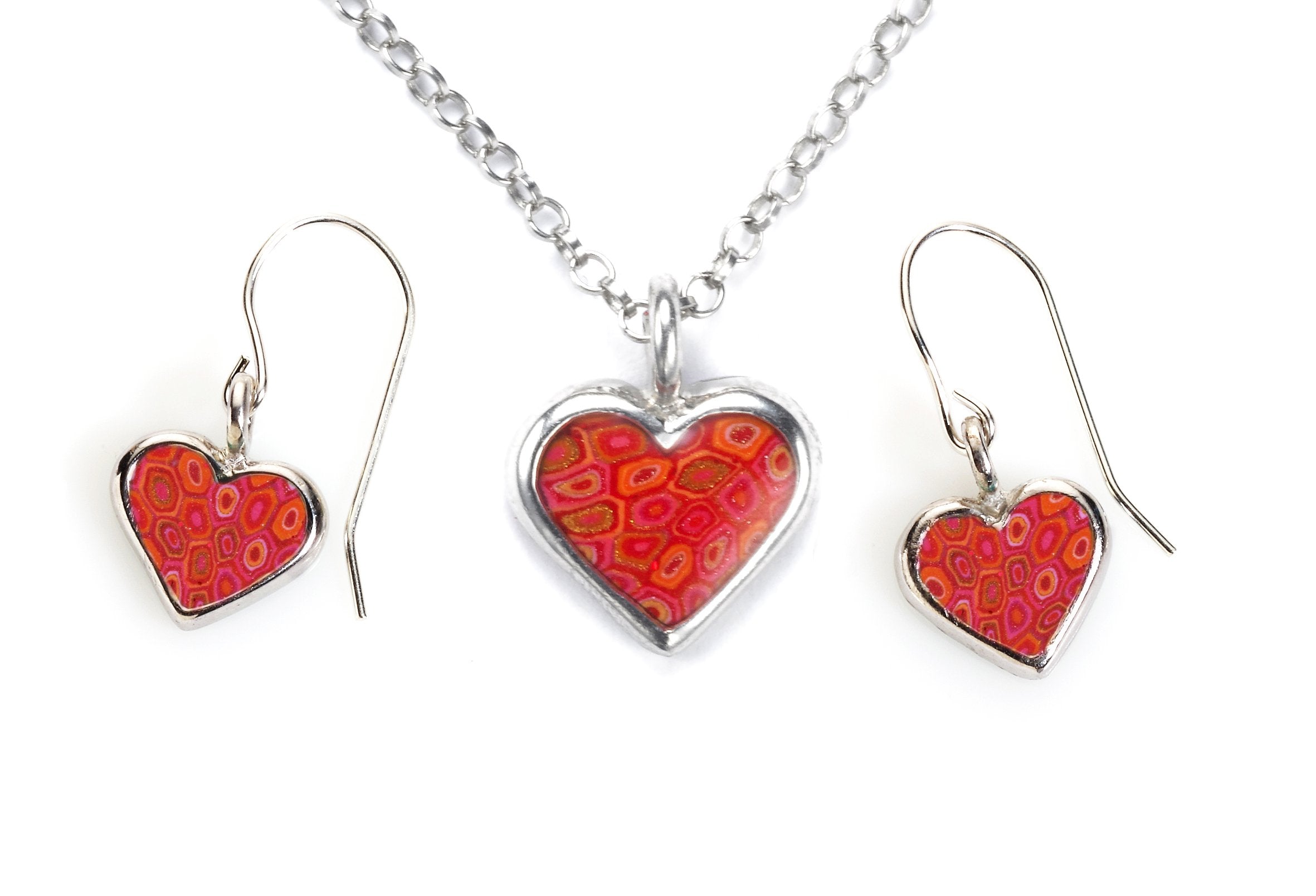 Tiny Red Heart Necklace and Heart-Shaped Dangle Earrings 925 Sterling Silver Heart Charm Jewelry Set for Women Loving Mothers Day Gifts for Her Handcrafted Romantic Love Pendant, 16.5" Chain