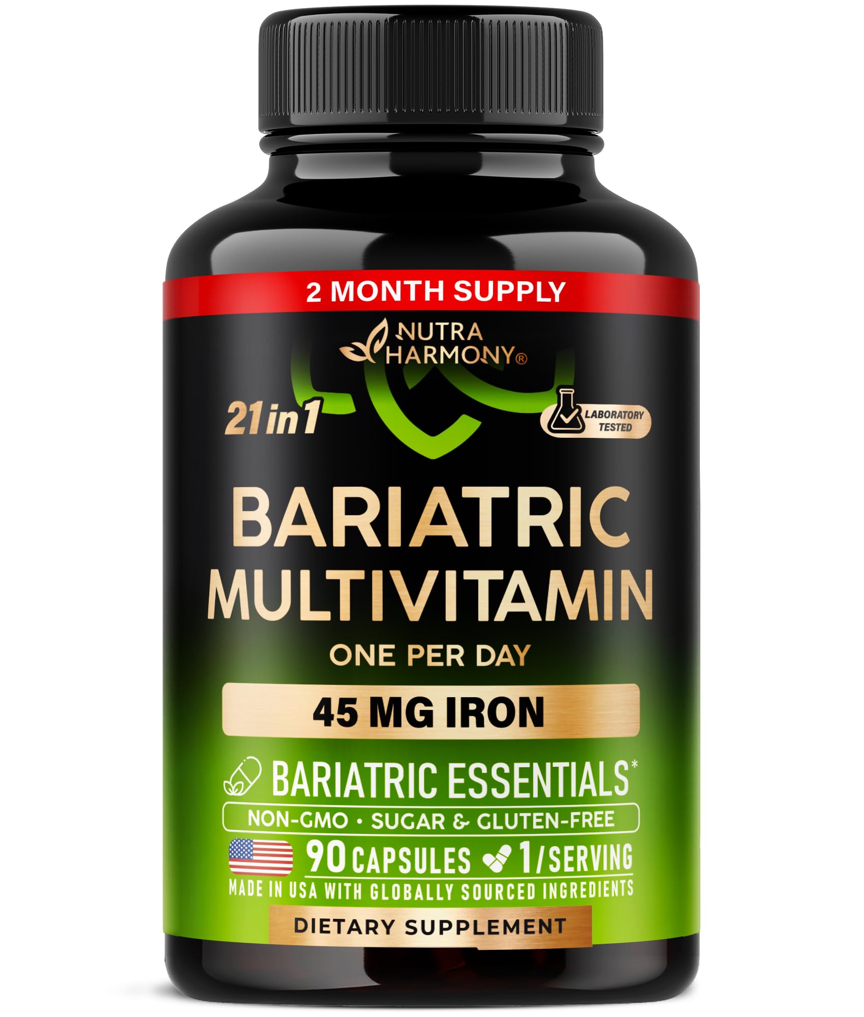 Bariatric Multivitamin - 45 mg Iron Supplements - Made in USA - for Women & Men - All-in-One, 21 Essential Vitamins - Gastric Sleeve Support - Free of Sugar, Gluten & Soy - 90 Capsules, Once Daily