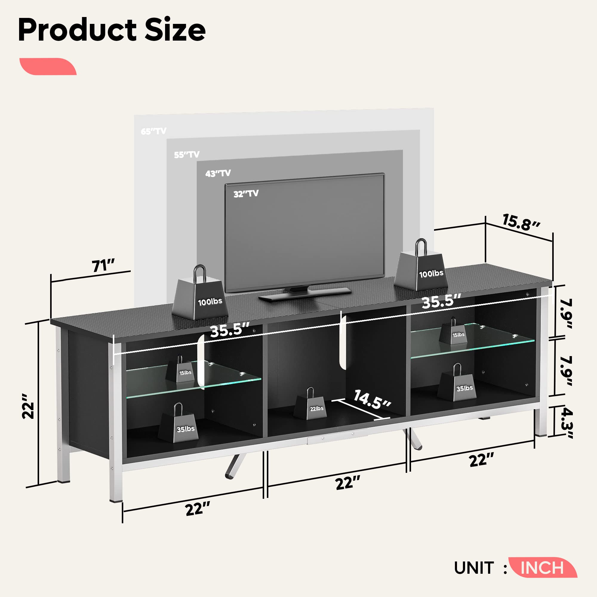 Bestier TV Stand with LED Light for 75 inch TV, Modern Gaming Entertainment Center with Detachable Glass Shelves for PS5 Black Carbon Fiber