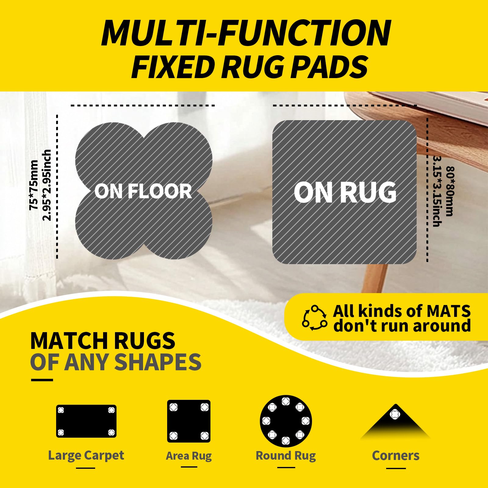 PHIXBEAR 16 Sets Super Adhesive Carpet Pad Gripper, Heavy Duty Hook and Loop Strips Rug Tape for Hardwood Floors Tile, Rug Corners to Hold Rug Down, Keep Area Rugs Safe and in Place