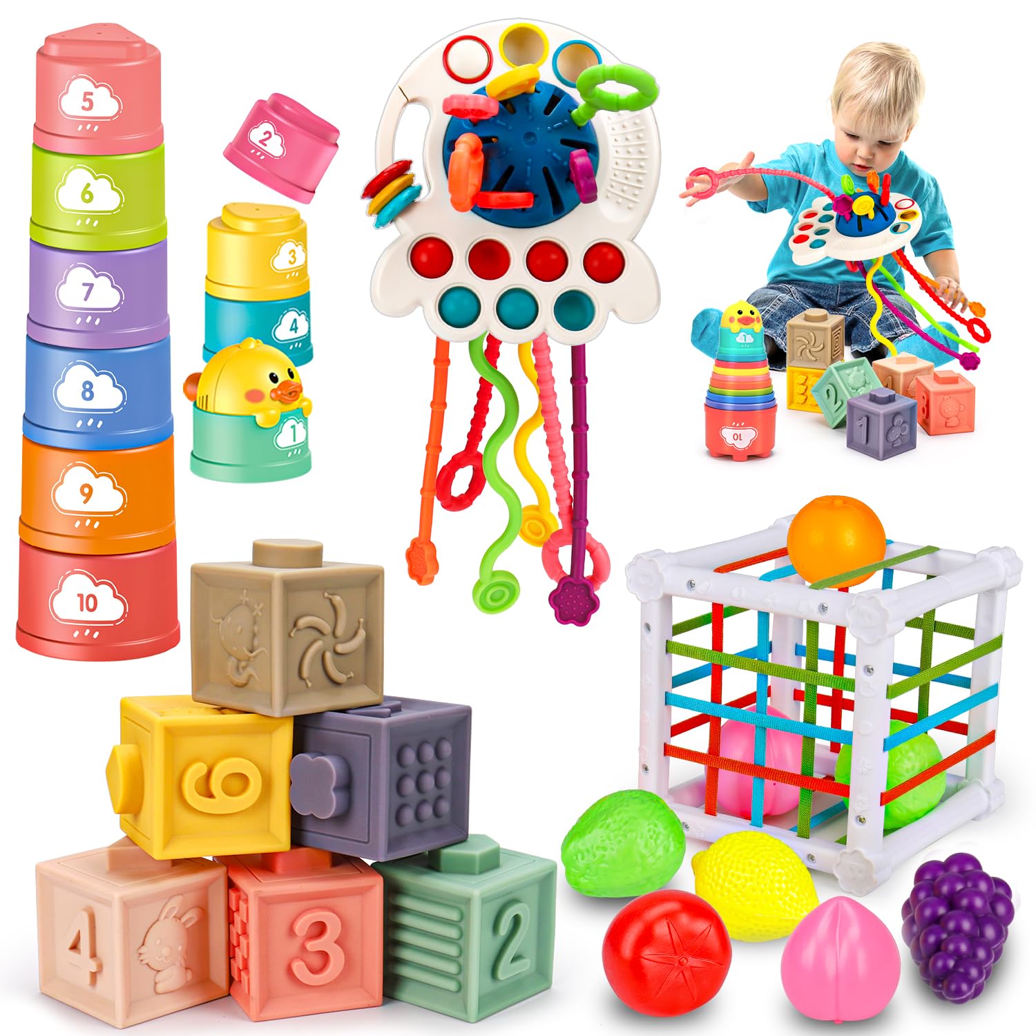 Montessori Baby Toys 6-12-18 Months, Infant Pull String Stacking Cups Shape Sorter Blocks Toy 6 7 8 9 10 11 12 M+ Sensory Development Learning Toy 6-9 9-12 Months Birthday Gift for 1 Year Old Boy Girl