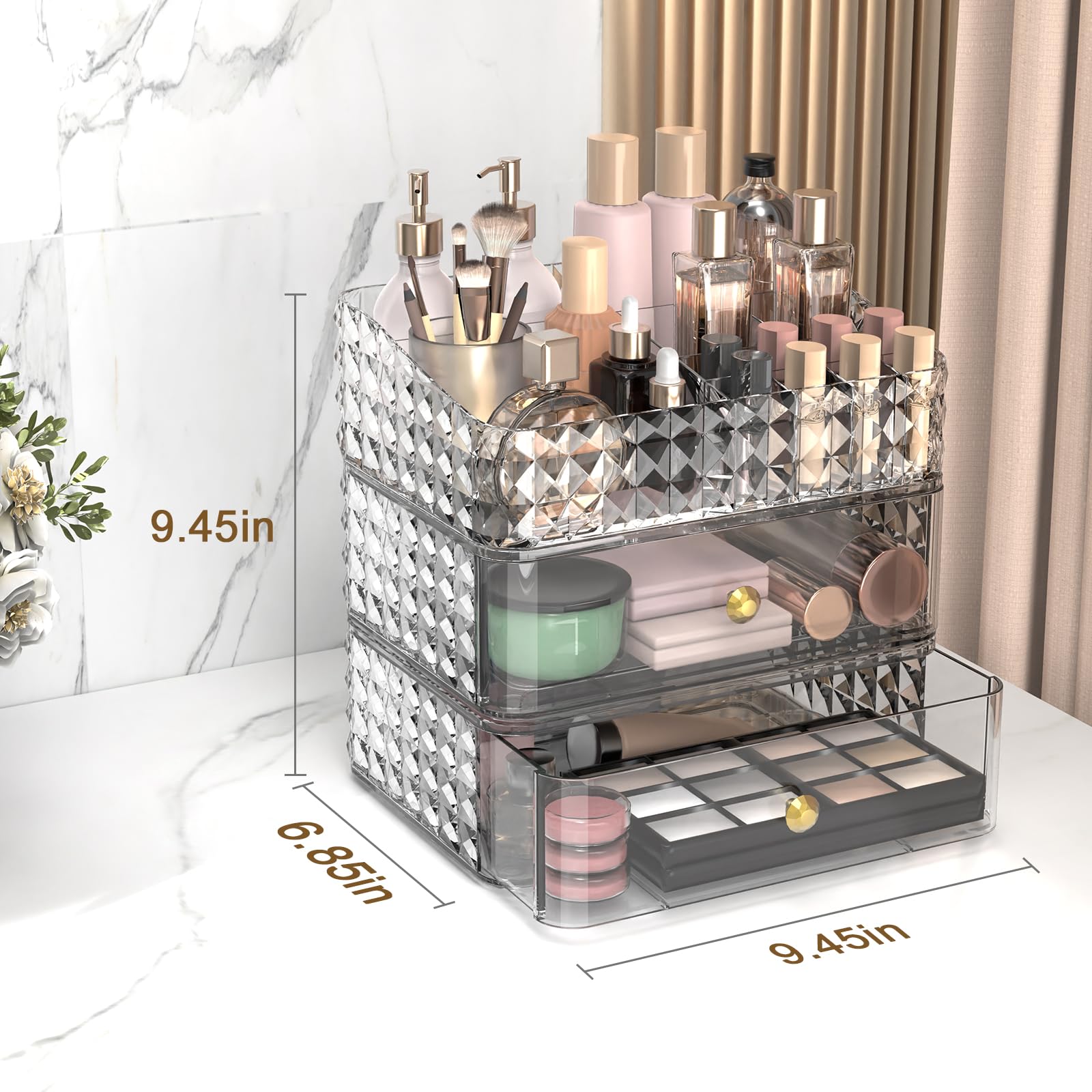 Rosoenvi Makeup Organizer for Vanity, Stackable Cosmetics Organizer and Storage, Cosmetic Display Cases with 2 Drawers and 1 Tray for Makeup Brush, Hair Accessories, Lipstick and Jewelry, Clear