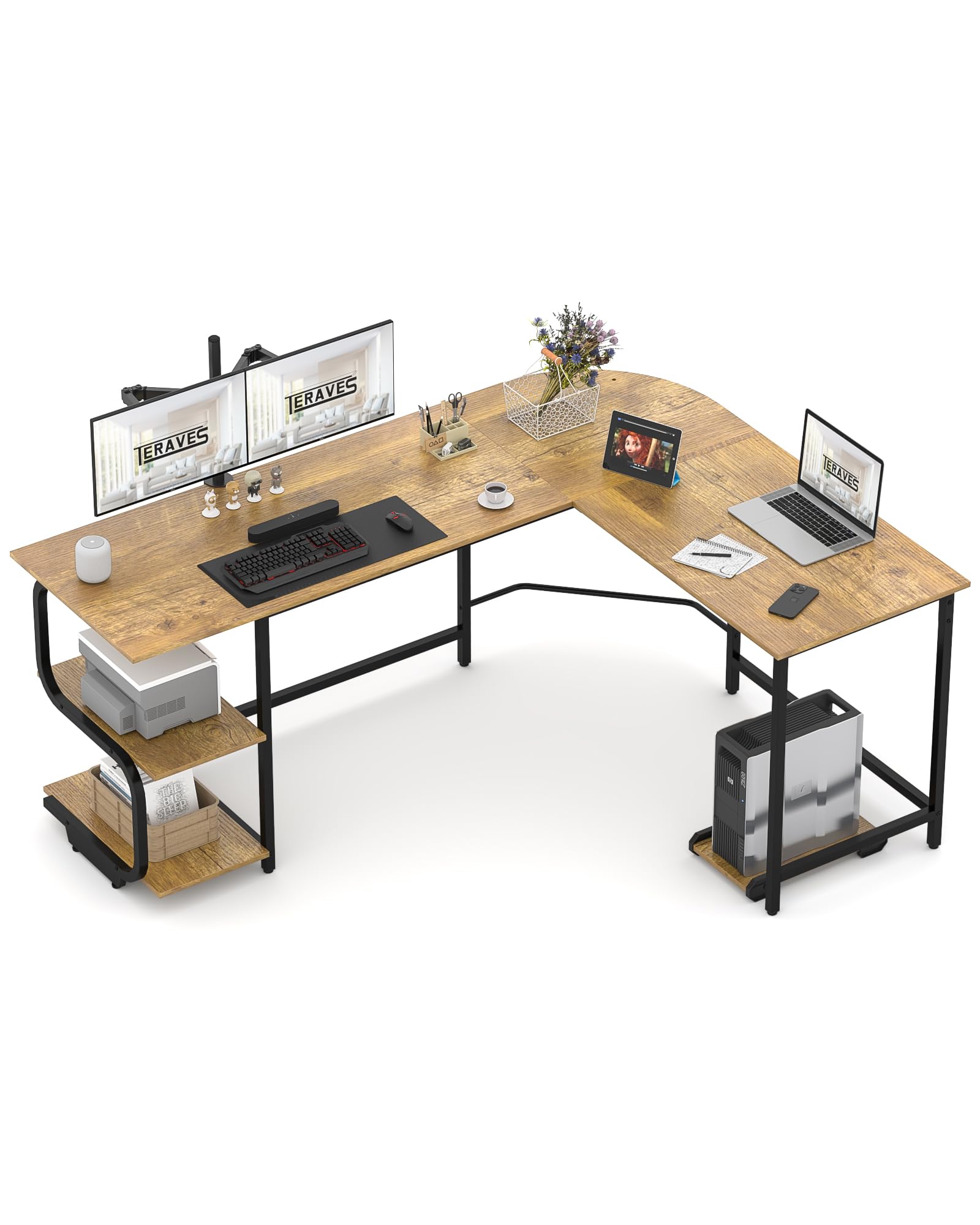 Teraves Reversible L Shaped Desk with Large Surface, 69 Inch Sturdy Corner Desk with Storage Shelves, Premium Office Computer Desk for Home Office Gaming