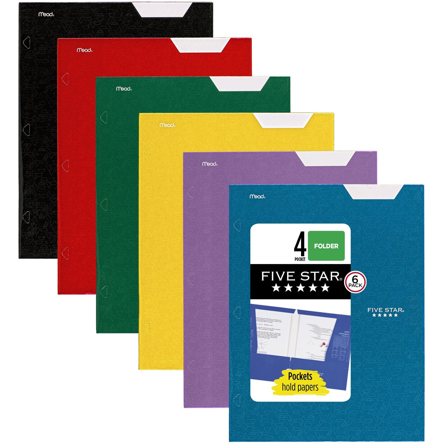 Five Star 4 Pocket Folders, 6 Pack, Paper Folders, Fits 3-Ring Binders, Holds 8-1/2" x 11" Paper, Writable Label, Tidewater Blue, Harvest Yellow, Amethyst Purple, Forest Green, Fire Red, Black (38056)