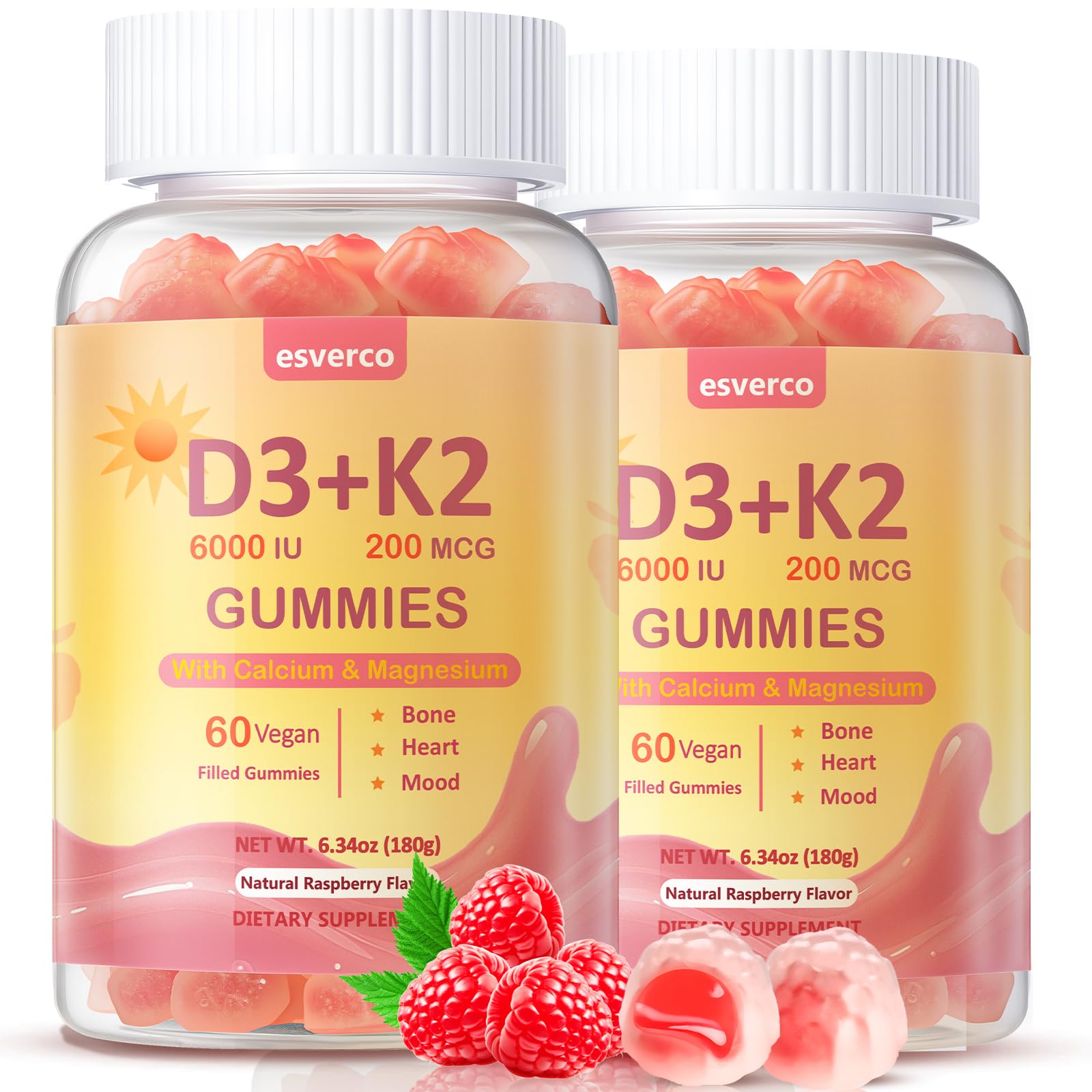 esverco Vitamin D3 K2 Gummies, 6000 IU Vitamin D3 + 200 mcg K2 (MK-7) with Calcium, Magnesium Glycinate, Extra Strength, High Absorption for Bone, Muscle, Teeth, Vegan, Raspberry Flavor, 120 Count