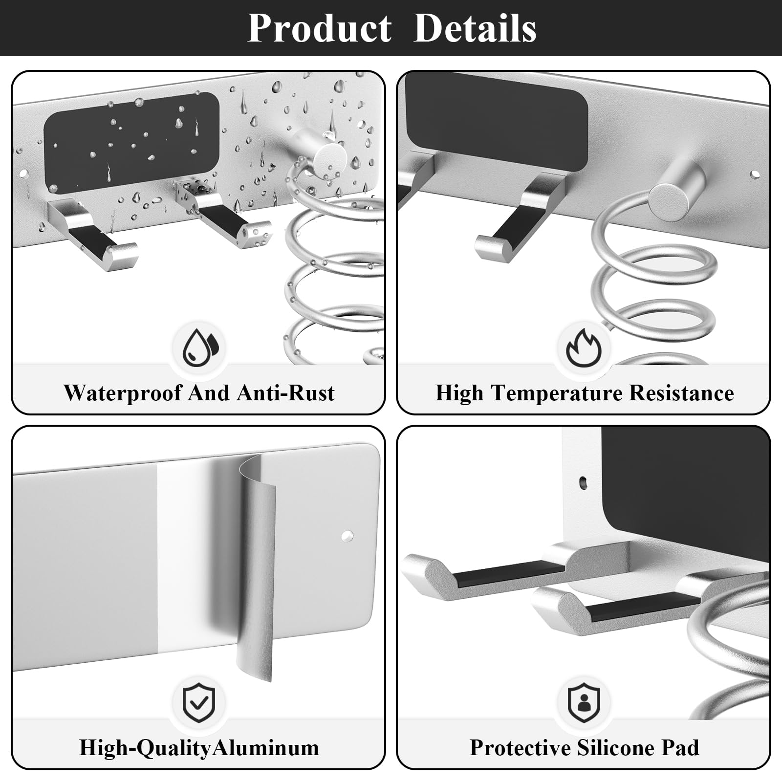 Tindbea Hair Dryer Holder + Curling Iron Holder,Blow Dryer Holder Wall Mount, Bathroom Hair Tool Organizer Rack for Universal Dryer Silver Color