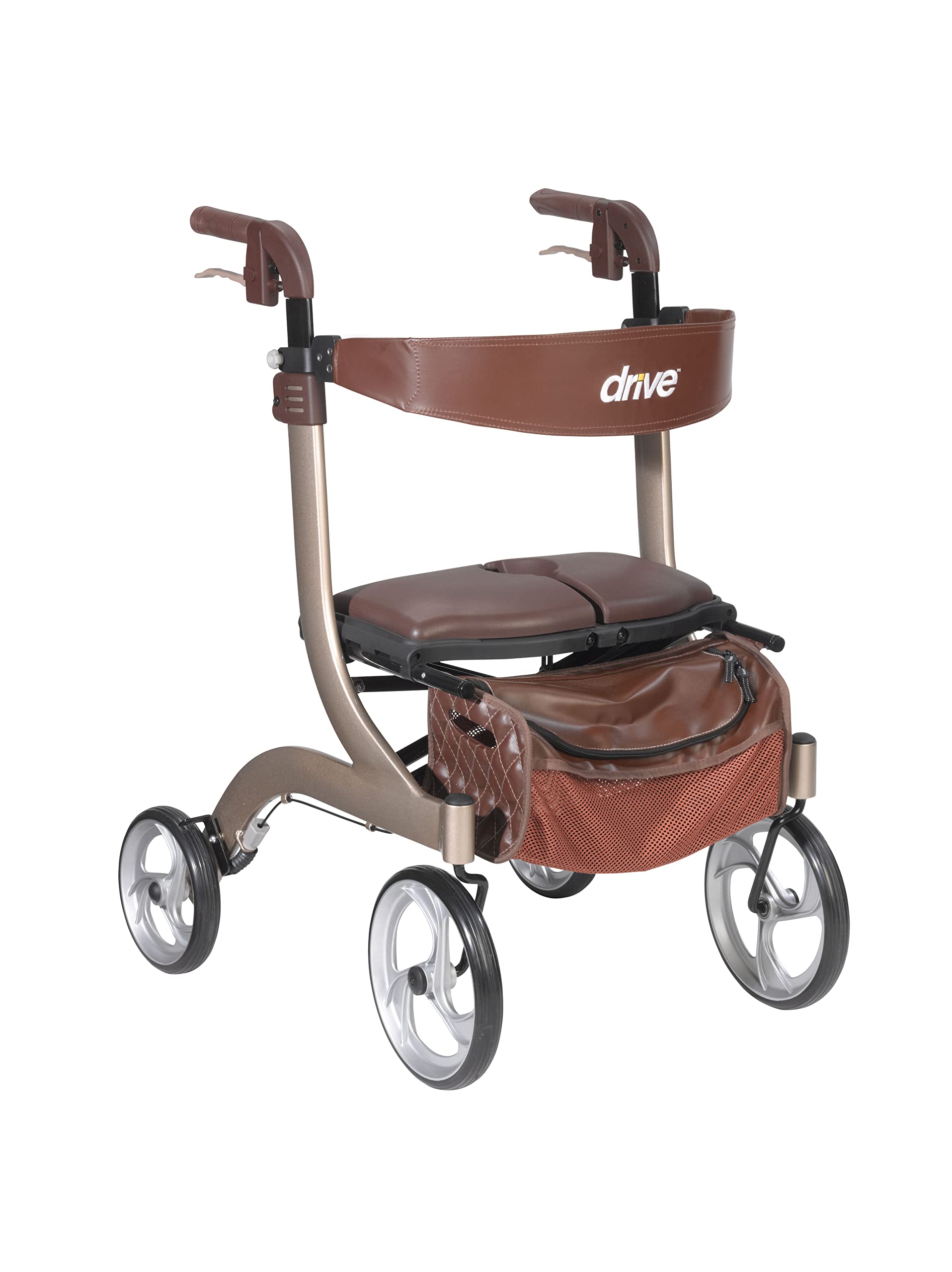 Drive Medical Nitro DLX Foldable Rollator Walker for Seniors & Adults - Hand Activated Brakes - Padded Seat - Storage Bag - 10 Inch Front Wheels - Folding Mobility Aid - Champagne