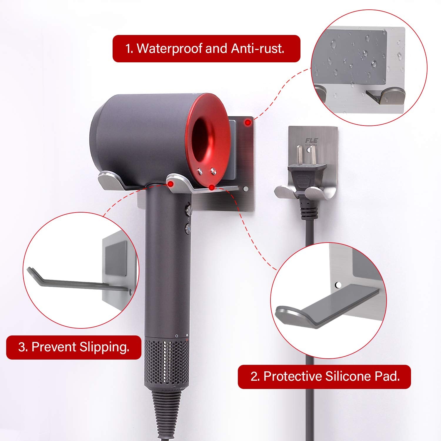 FLE Hair Dryer Holder Wall Mounted Self Adhesive, SUS 304 Stainless Steel Hair Blow Dryer Rack Organizer Compatible with Most Hair Dryers