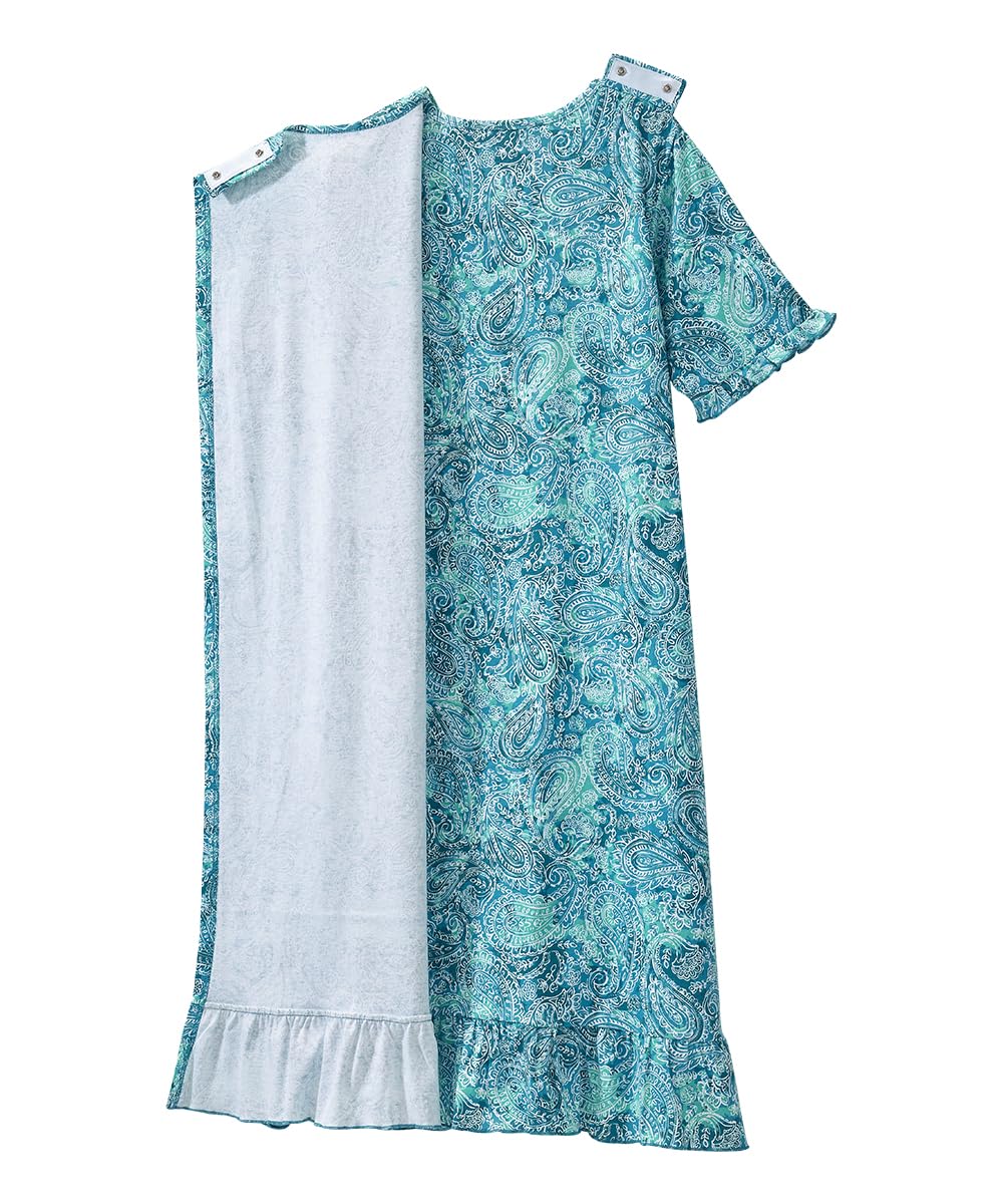 Silverts Women's Open Back Ruffle Hospital Nightgown - Adaptive Gown for Elderly, Seniors, Bedridden, Hospice - Warm Medical Night Robe Pajamas for Pregnancy, Labor Patients - Turquoise Paisley 3XL