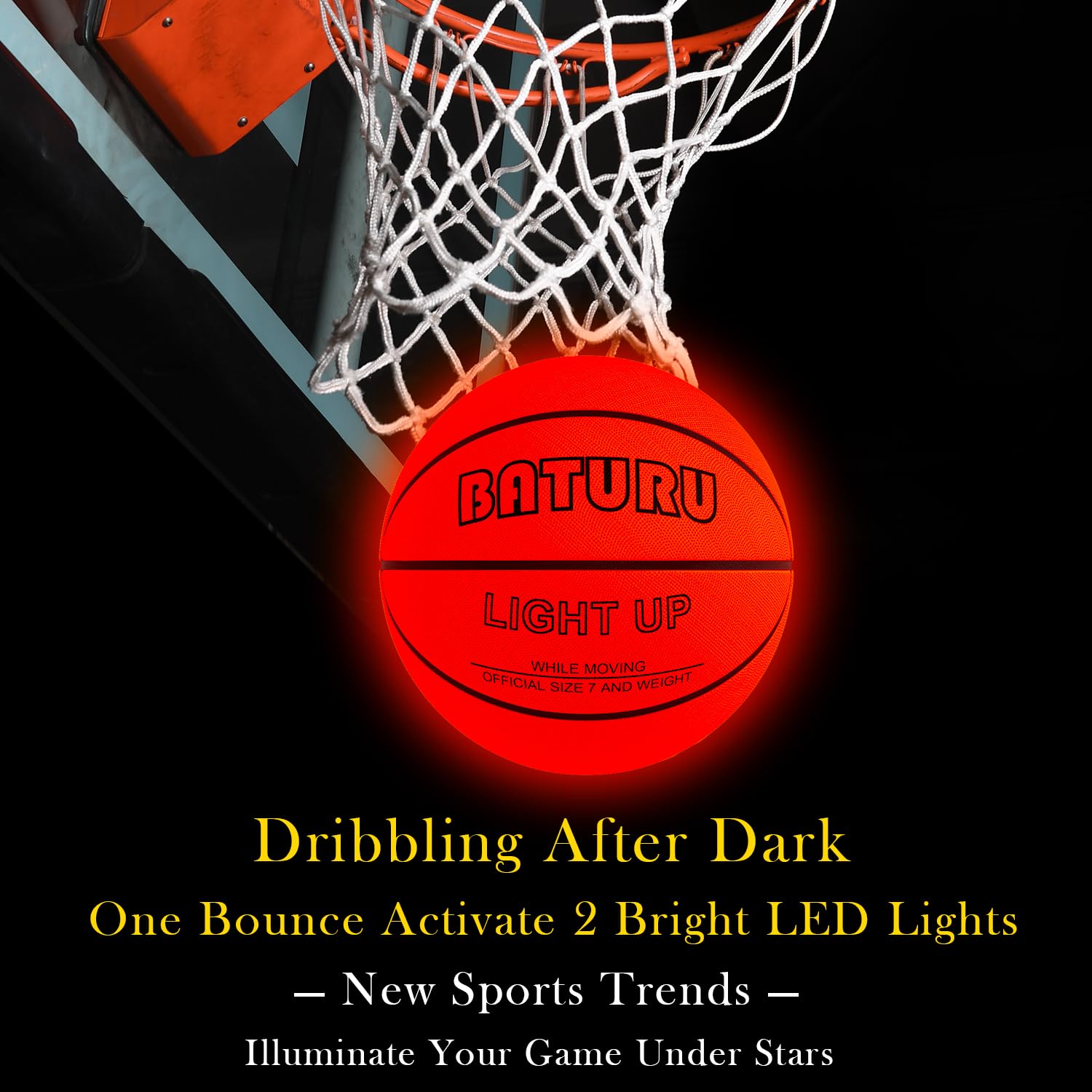 Glow in the Dark Basketball with 2 LED Lights, Size 7 (29.5"), Impact Activated Light Up Basketball for Teen Boys 8-15 Year Old, Indoor Outdoor Youth Basketball Toys Gifts Includes 12 Batteries