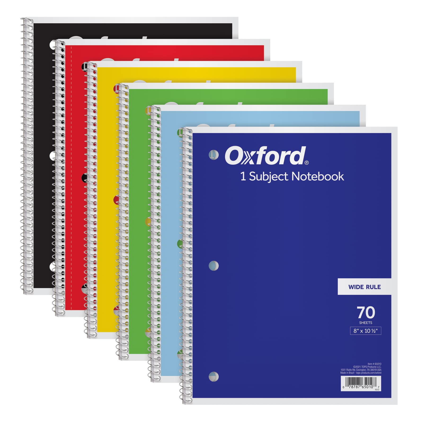 Oxford Spiral Notebook 6 Pack, 1 Subject, Wide Ruled Paper, 8 x 10-1/2 Inch, Blue, Yellow, Red, Light Blue, Green and Black, 70 Sheets (65010)