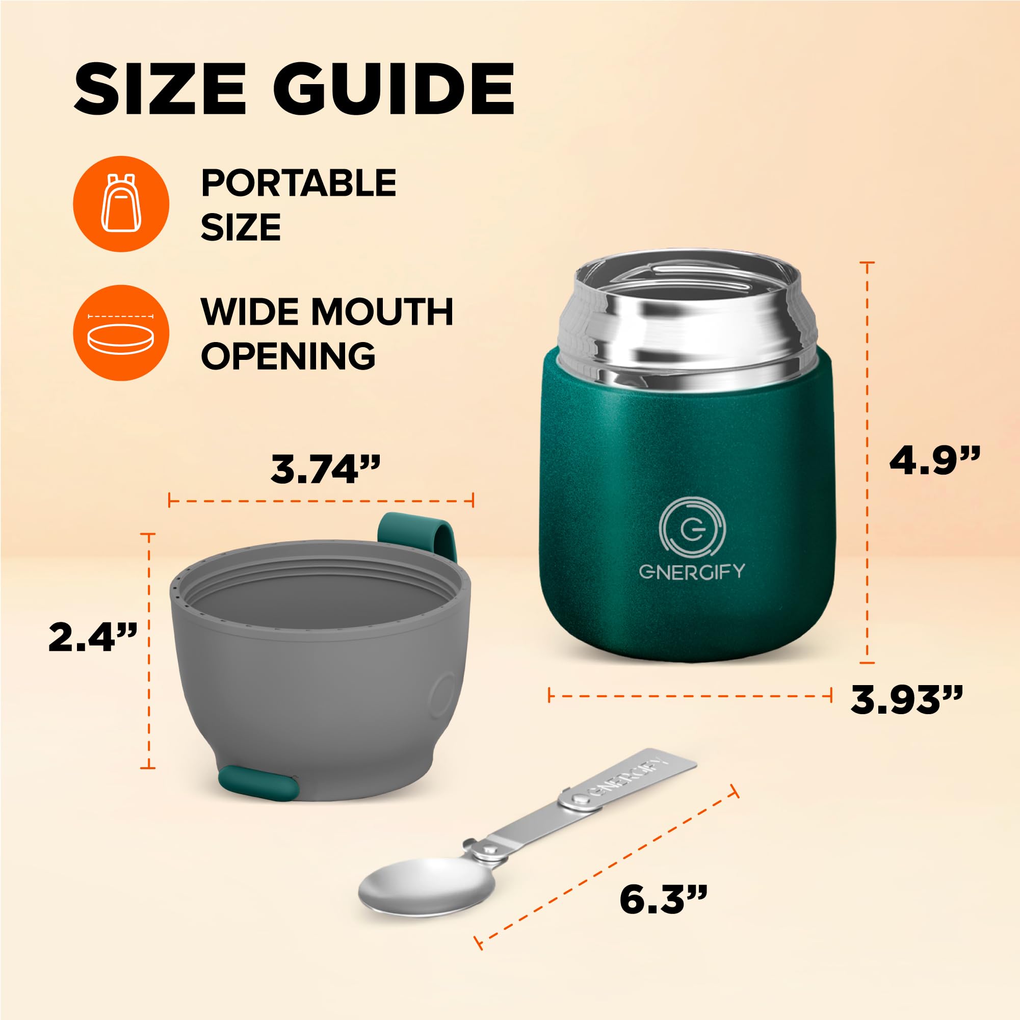 ENERGIFY Vacuum Insulated Food Jar Wide Mouth 17 Oz Soup Thermo with Folding Spoon - Thermal Lunch Containers for Kids & Adults - Leak Proof Stainless Steel Thermos for Hot Food Keep 12H and Cold 24H