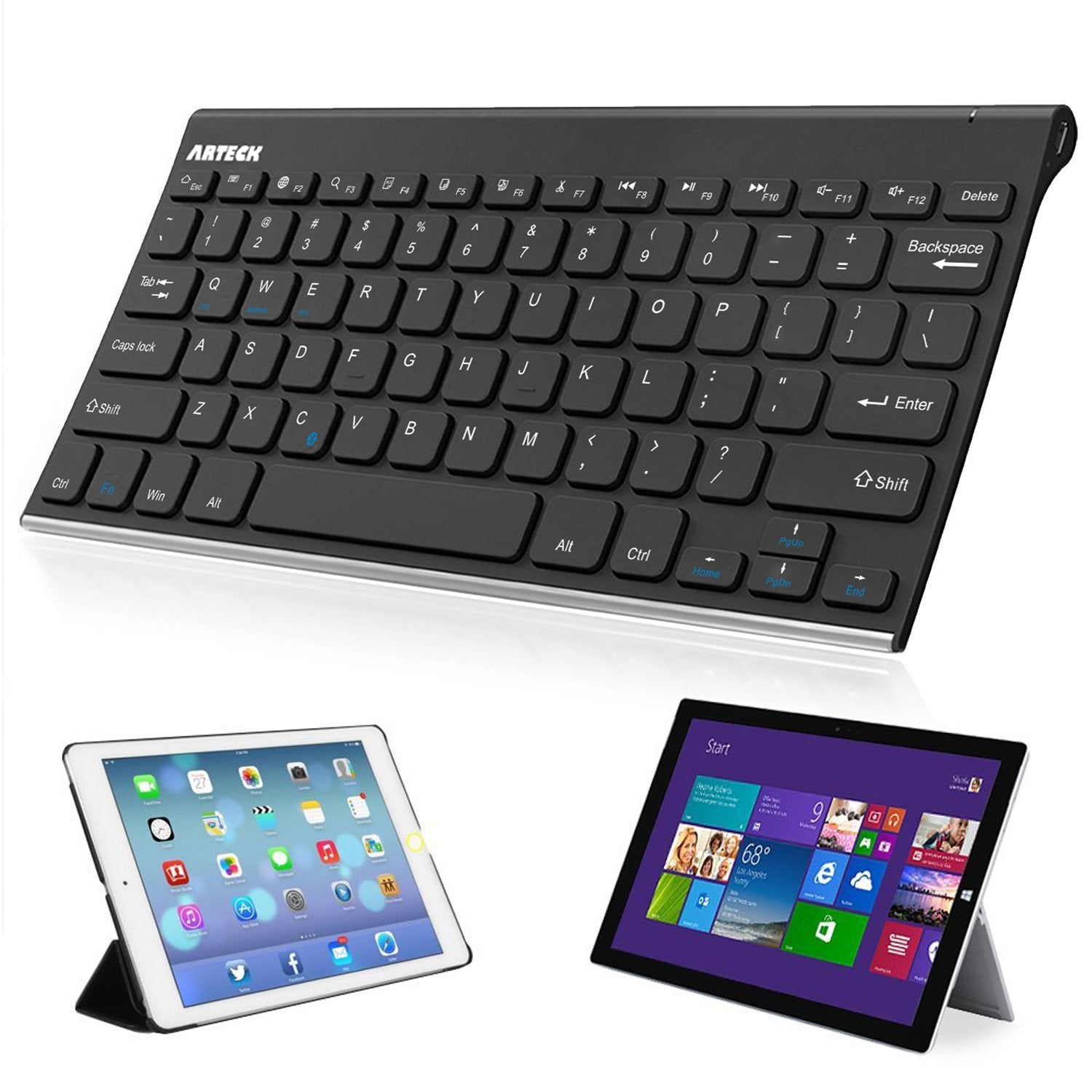 Arteck Bluetooth Keyboard, Stainless Steel Universal Portable Wireless Bluetooth Keyboard for iOS iPad 10.2-inch, Air, Pro, Mini, Android, Windows Tablets PC Smartphone Built in Rechargeable Battery