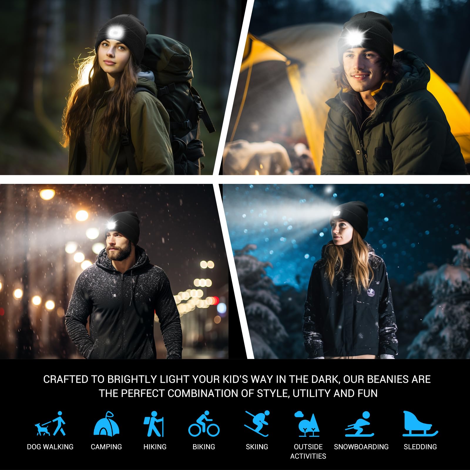 Beanie Hat Built-in Light Rechargeable LED Cap Soft Acrylic Knitted Winter Skullcap for Men Women Gift Black