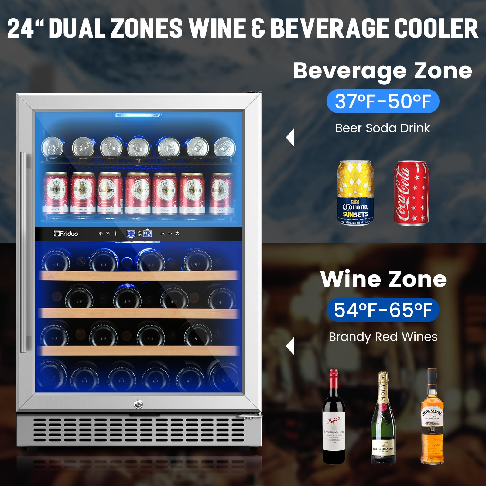 Friduo 24 inch Wine Beverage Refrigerator, Dual Zone Freestanding 30 Bottles and 82 Cans Wine Cooler Fridge with Low Noise Compressor Adjustable Shelves Cellar for Red, White or Champagne