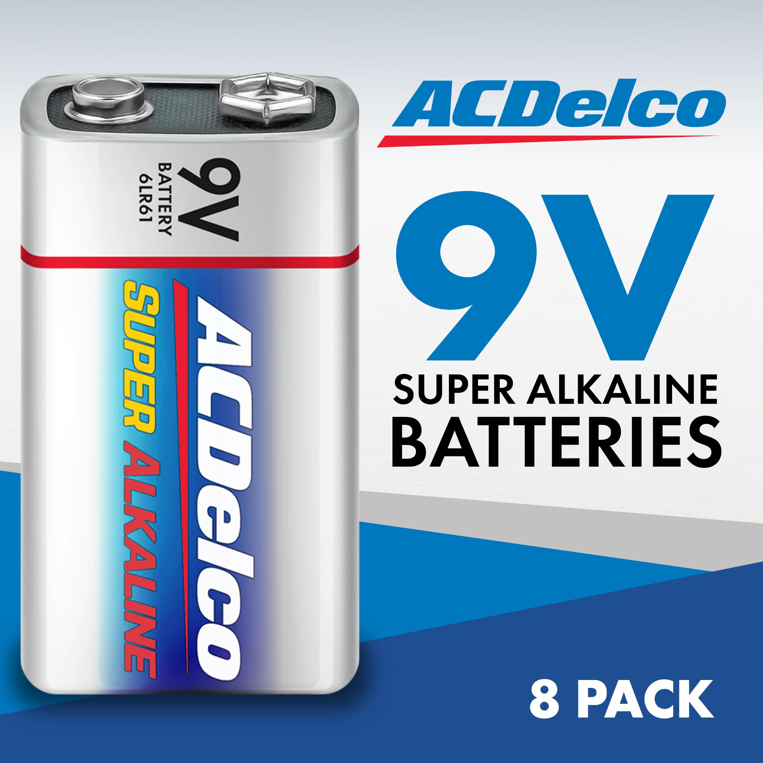 ACDelco 8-Count 9 Volt Batteries, Maximum Power Super Alkaline Battery, 7-Year Shelf Life, Reclosable Packaging