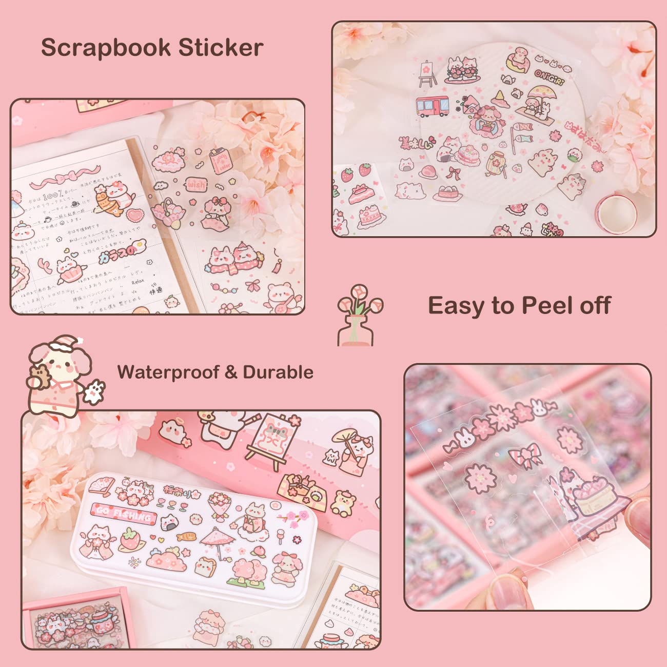 Doraking Waterproof Vinyl Transparent Flower Stickers, Kawaii Stickers for Notebook Laptop Scrapbook Journaling, 200 Sheets Cartoon Cute Stickers Boxed Gifts for Kids Teens Girls Boys