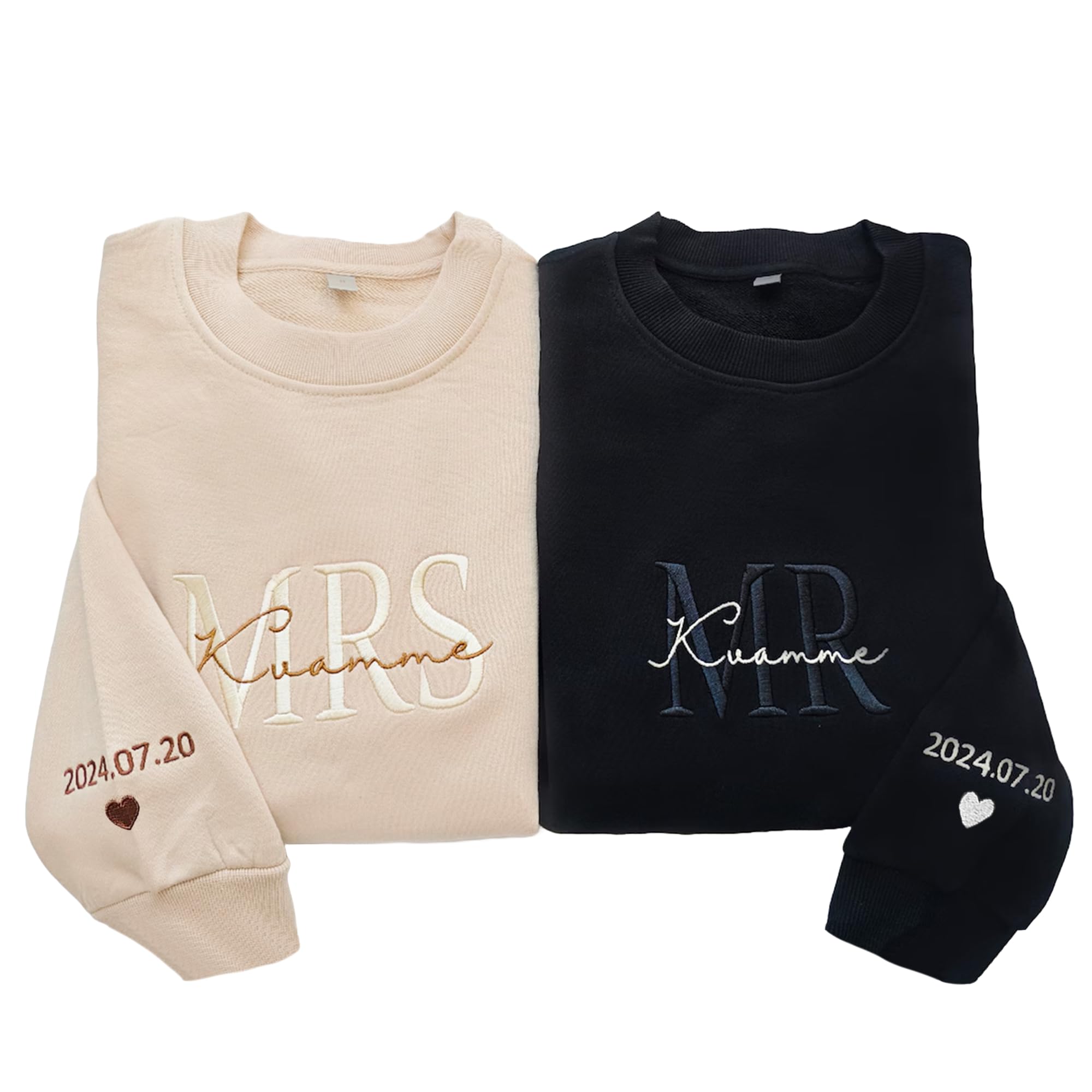 Personalized Mr and Mrs Embroidered Crewneck Sweatshirts with Dates on Sleeve, Personalized Husband and Wife Matching Shirt, Customized Honeymoon Matching Outfit, Custom Bride & Groom Gift