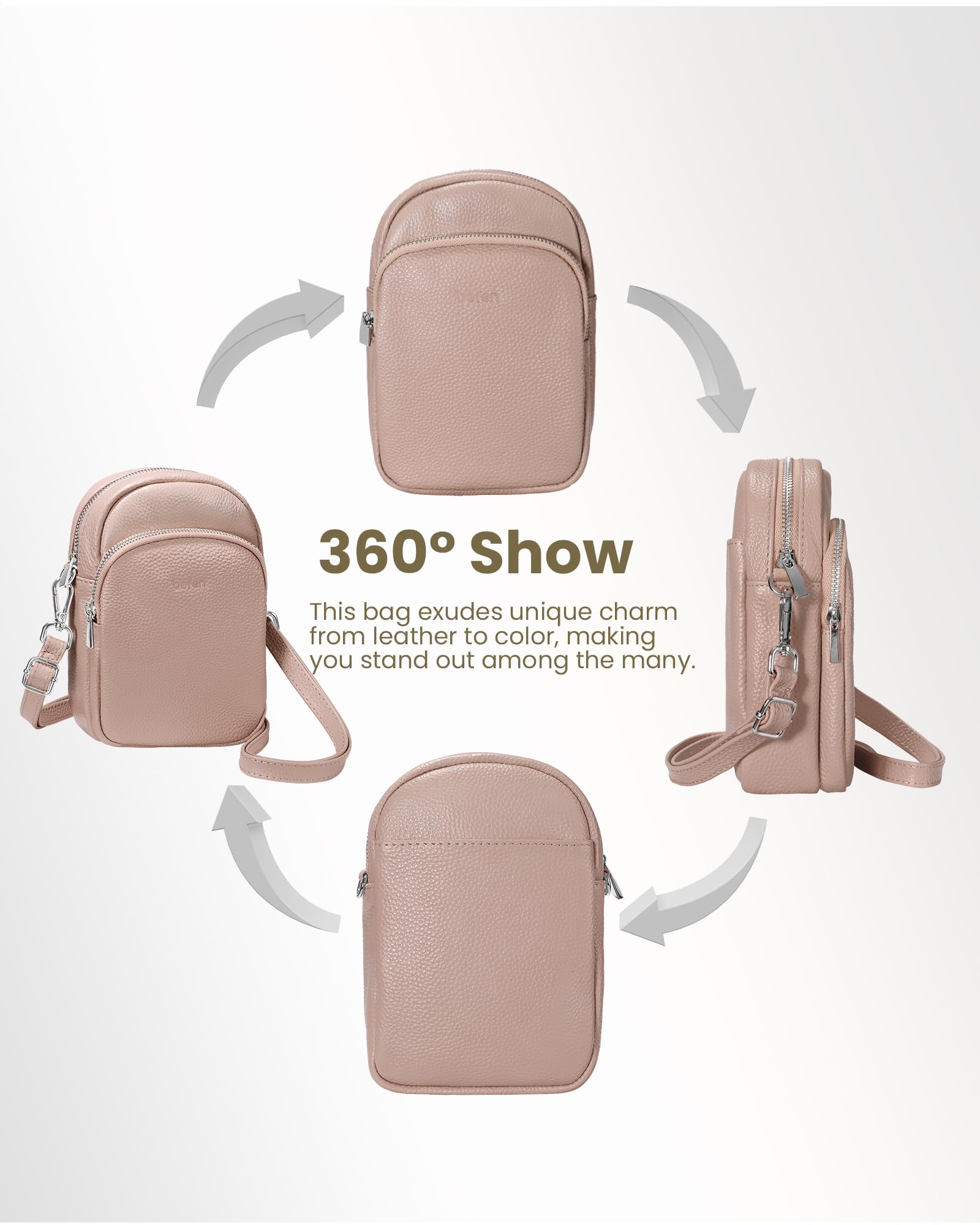 befen Nude Pink Genuine Leather Small Crossbody Bags for Women Cellphone Purses Shoulder Bag with RFID Blocking Card Slots