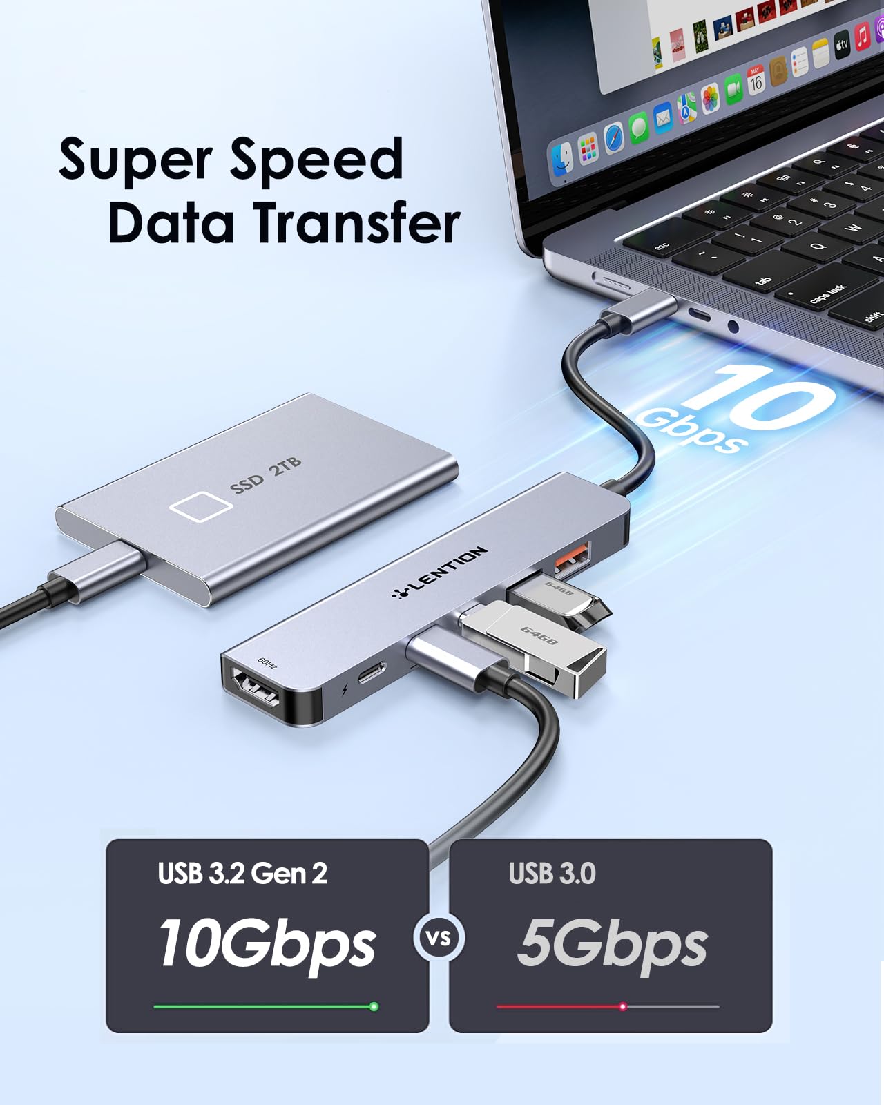 LENTION USB C Hub with 4K@60Hz HDMI, 2 USB C and 2 USB 3.2 Gen2 Transfer Data in 10Gbps Max, 100W Charging, for MacBook Pro, Mac Air, iPhone 15, Windows, More, Stable Driver Adapter (CE37, Space Gray)