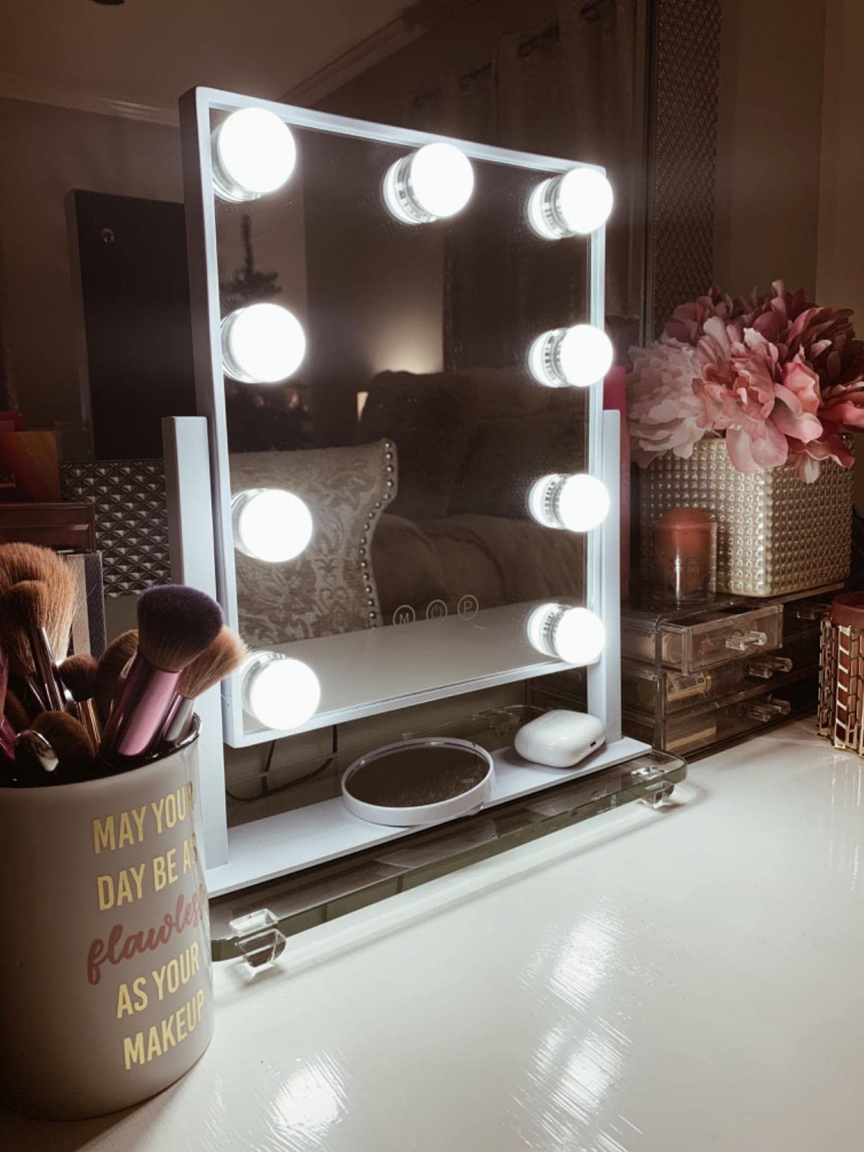 NUSVAN Vanity Mirror with Lights, Makeup Mirror with Lights,3 Color Lighting Modes Detachable 10X Magnification Mirror Touch Control,360°Rotation, White.