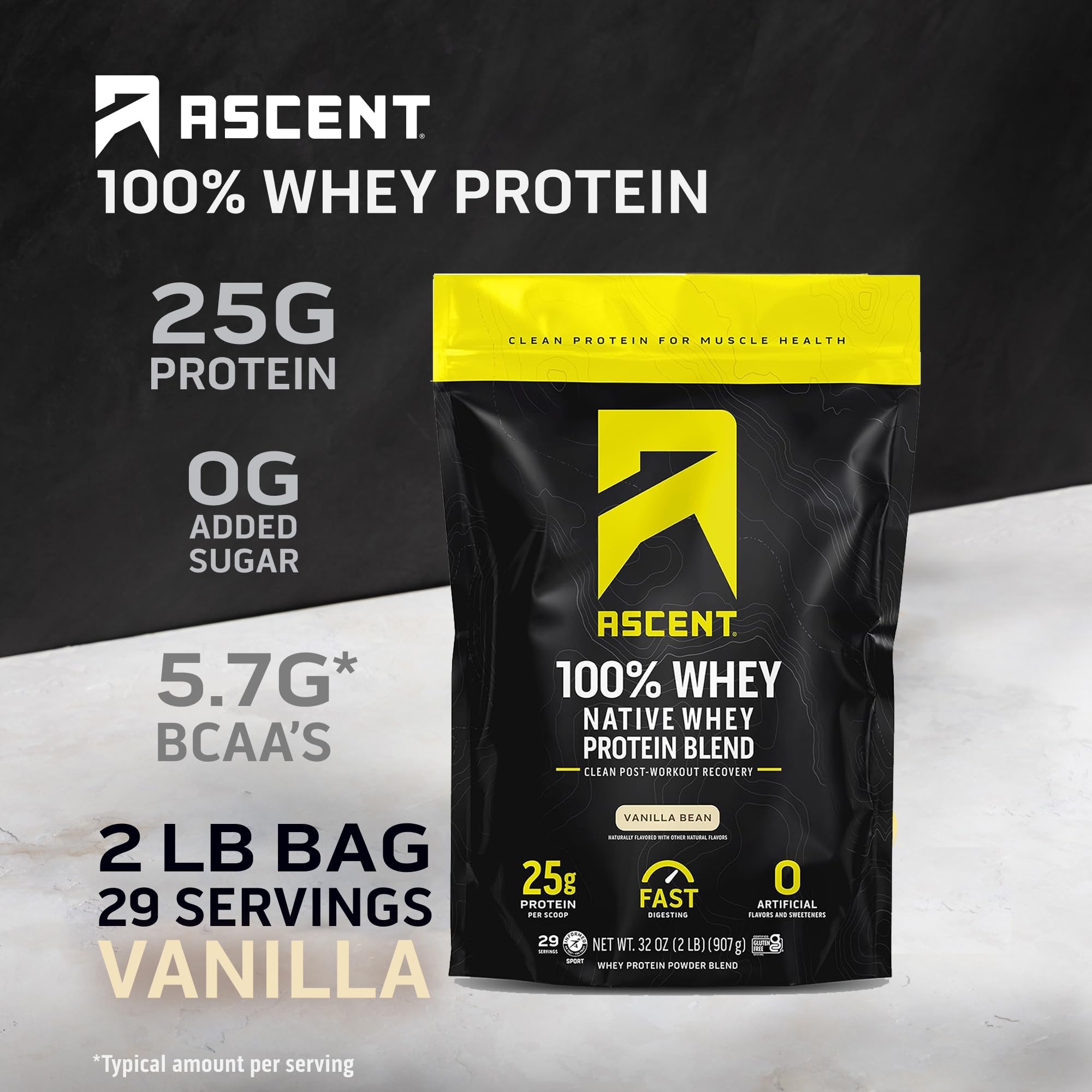 Ascent 100% Whey Protein Powder - Post Workout Whey Protein Isolate, Zero Artificial Flavors & Sweeteners, Soy & Gluten Free, 5.5g BCAA, 2.6g Leucine, Essential Amino Acids, Vanilla Bean 2 lb