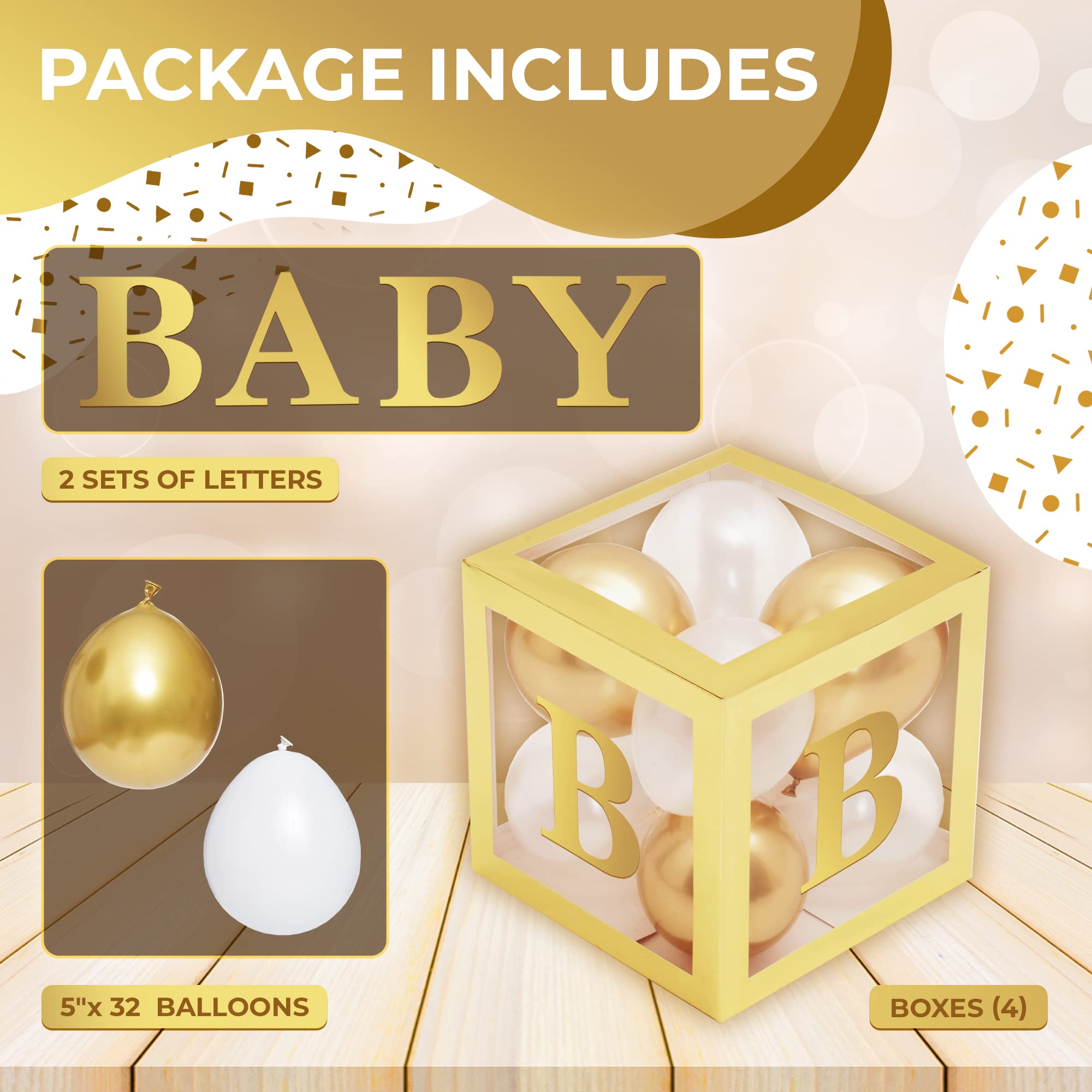 Balloon Garland Arch Kit – 146 Pcs Metallic Gold Balloons & Baby Shower Boxes with Letters – Gold Boxes with Gold & White Balloons