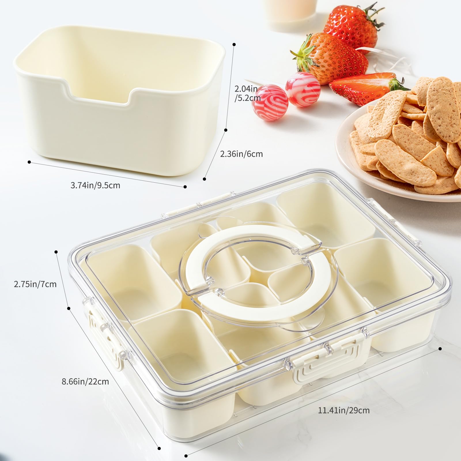 Snackle Box Container Divided Serving Tray with Lid and Handle 8 Compartment Snack Container Fruit Tray White Snack Box Container Snackle Box Charcuterie Container for Fruits, Nuts, Cookies, Candies