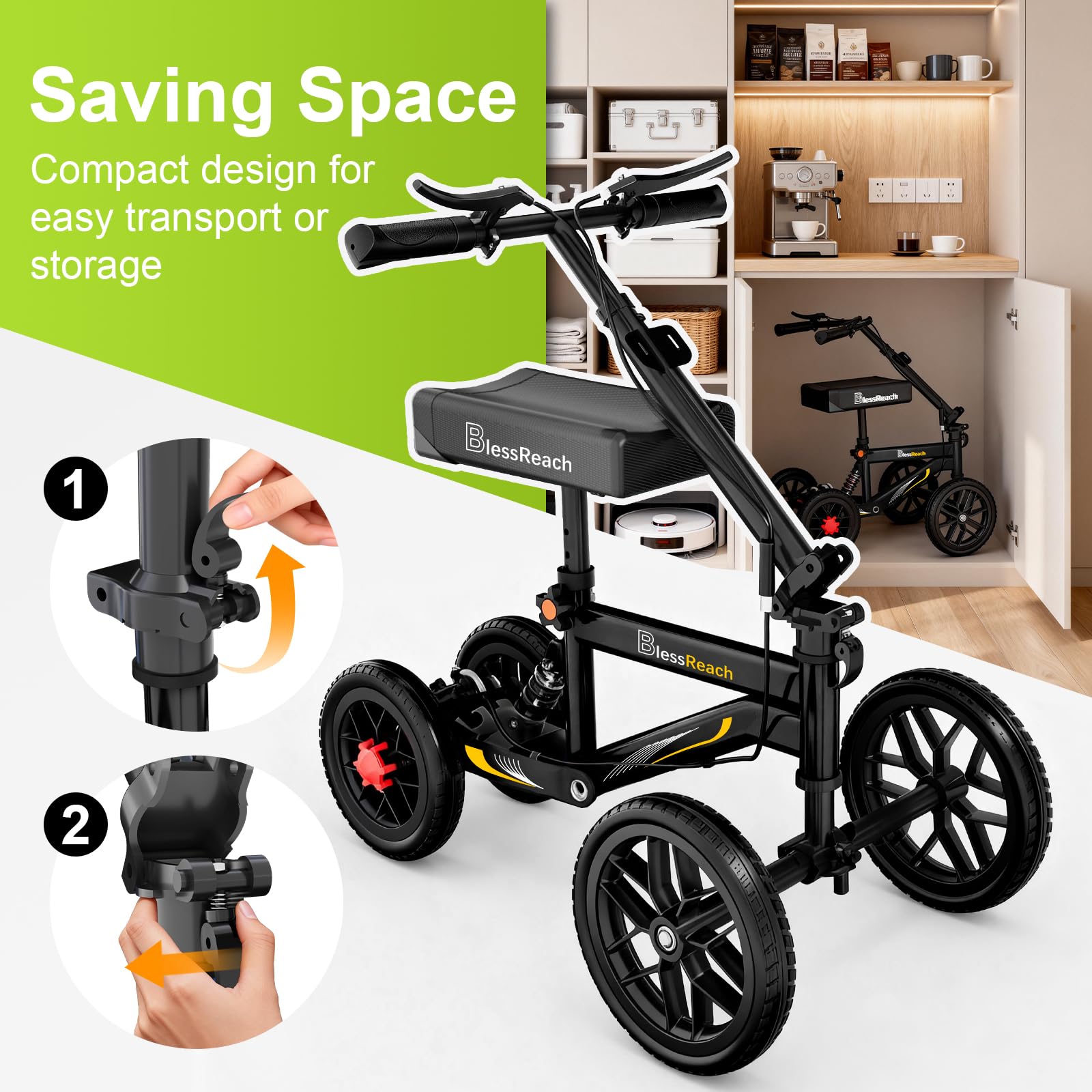 BlessReach Deluxe Medical Scooter Double Handbrake, All Terrain Steerable Knee Scooter Crutch Alternative, for Adults Injured Ankle & Foot Recovery in Blacks