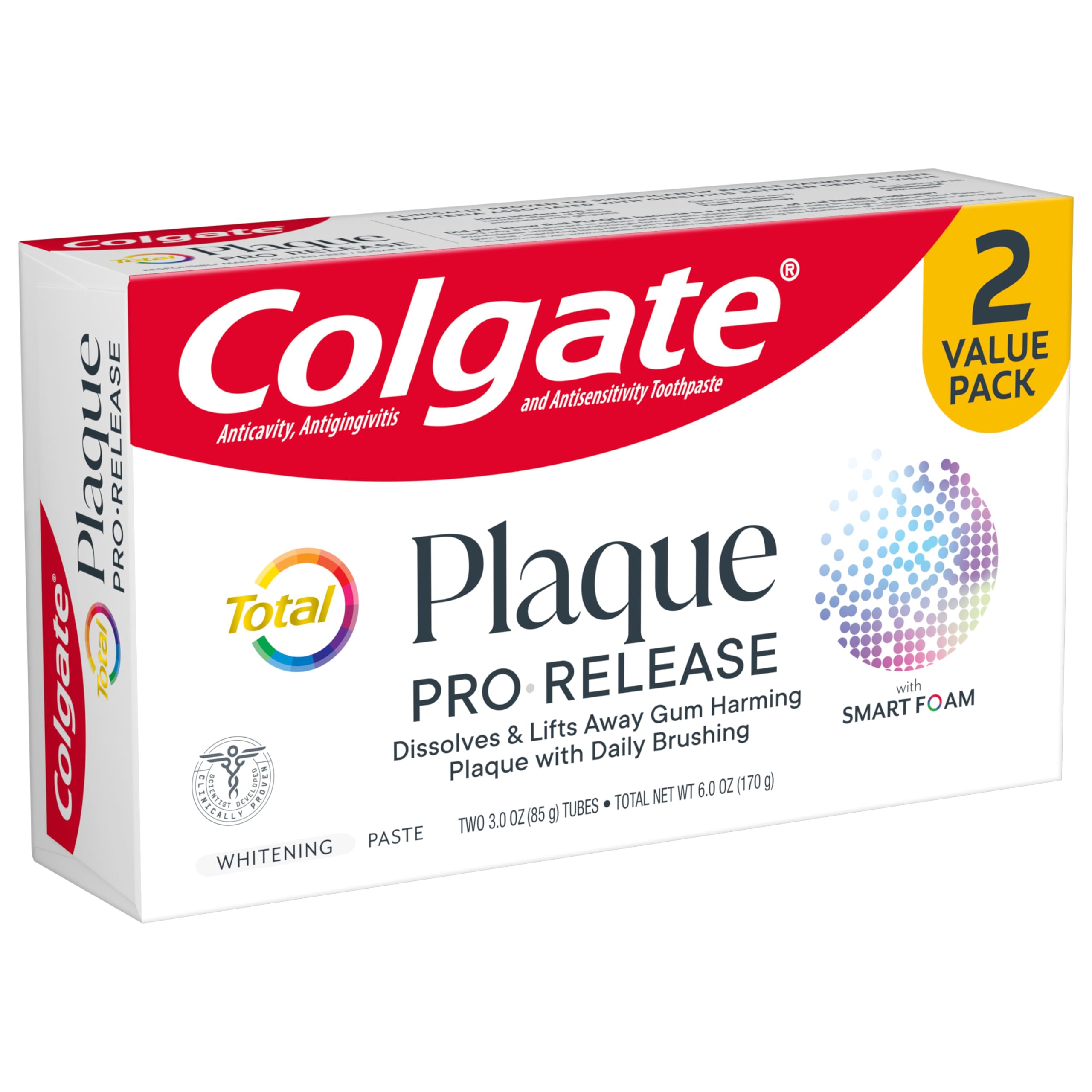 Colgate Total Plaque Pro Release Whitening Toothpaste, 2 Pack, 3.0 Oz Tubes