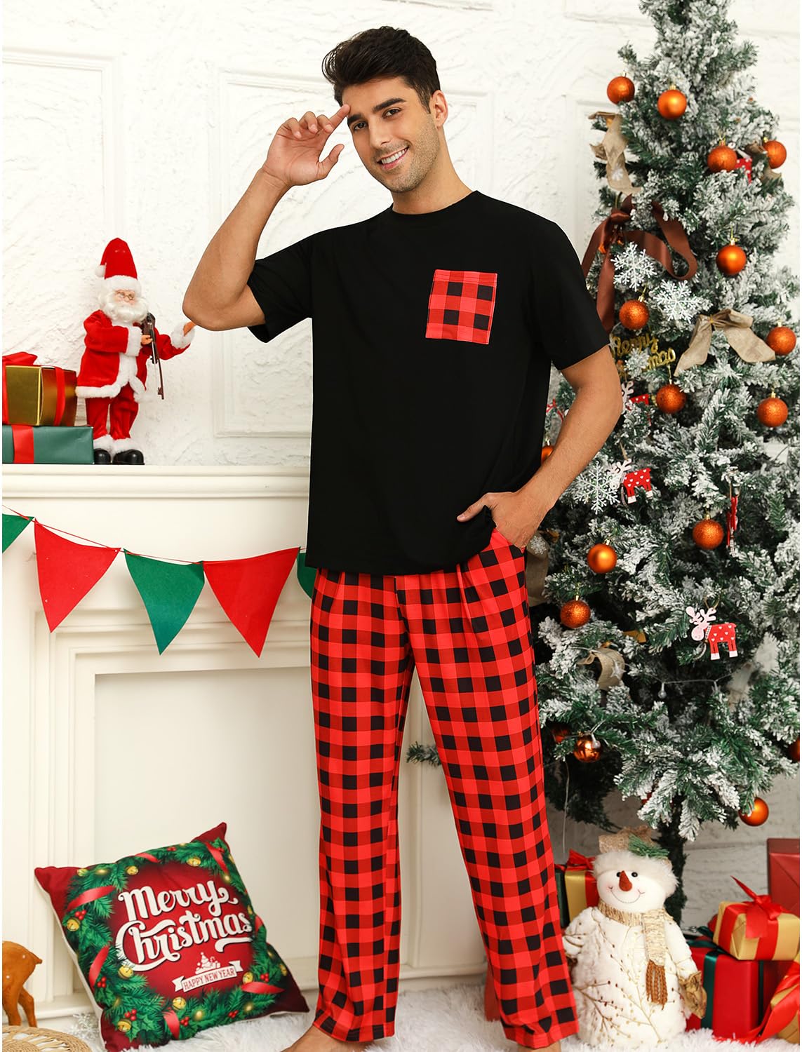 EISHOPEER Couples Matching Pajamas Sets Cotton Short Sleeve Sleepwear Printed Loungewear Pjs Set with Long Pants Black/Red Plaid Large