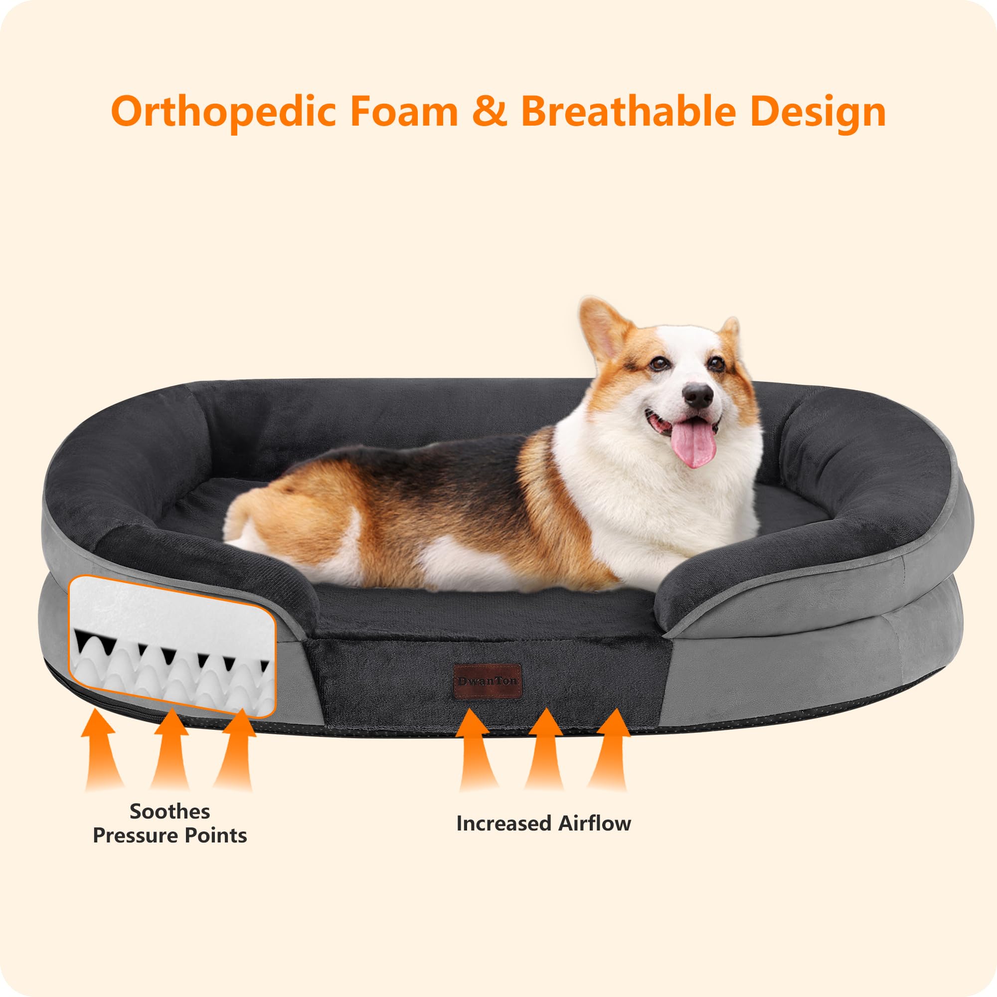 Dwanton Orthopedic Dog Bed for Medium Dogs, Waterproof Dog Sofa with Egg Foam Support, Washable Pet Bed with Four Sided Bolster Cushion, with Removable Cover & Non-Slip Bottom, 35 Inches, Dark Gray