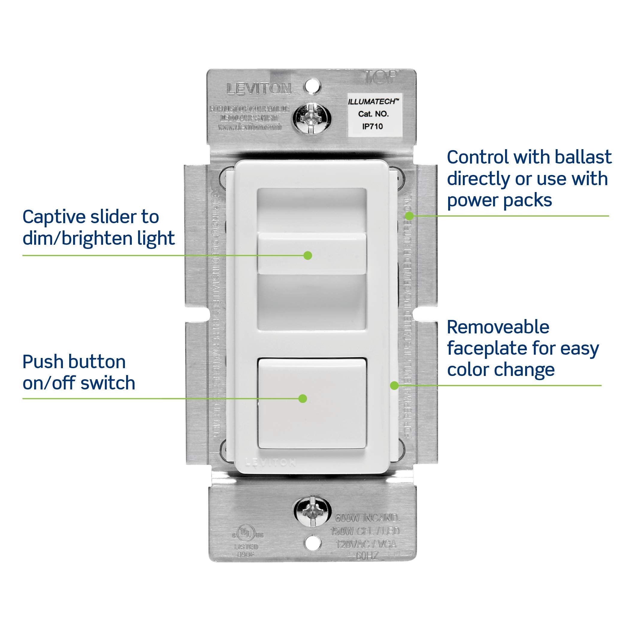 Leviton IP710-LFZ IllumaTech Slide Dimmer for LED 0-10V Power Supplies, 1200VA, 10A LED, 120/277 VAC, White w/Color Change Kits Included, White, Light Almond & Ivory