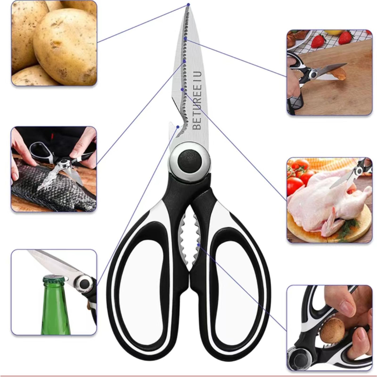 [2 Pack] BETUREEIU Kitchen Scissors, Heavy Duty Dishwasher Safe, All Purpose Utility Shears, Stainless Steel Sharp Food Cooking Tool for Meat, Chicken, Poultry, Fish, Vegetables