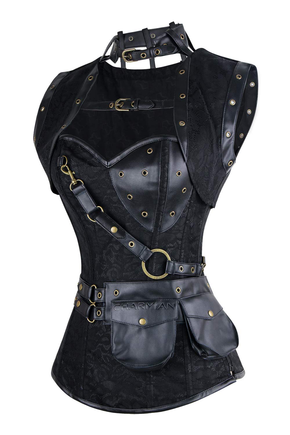 Charmian Women's Retro Goth Spiral Steel Boned Brocade Steampunk Bustiers Corset with Jacket and Belt Black X-Large