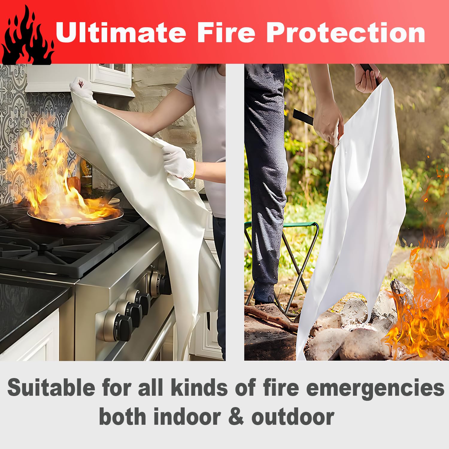 Emergency Fire Suppression Blankets 40" x 40" Fire Proof Fiberglass Blanket for Survival - High Heat Resistant Fire Extinguisher for Office, Home, Kitchen, Grill, Camping, Car, School, etc. 2-Pack